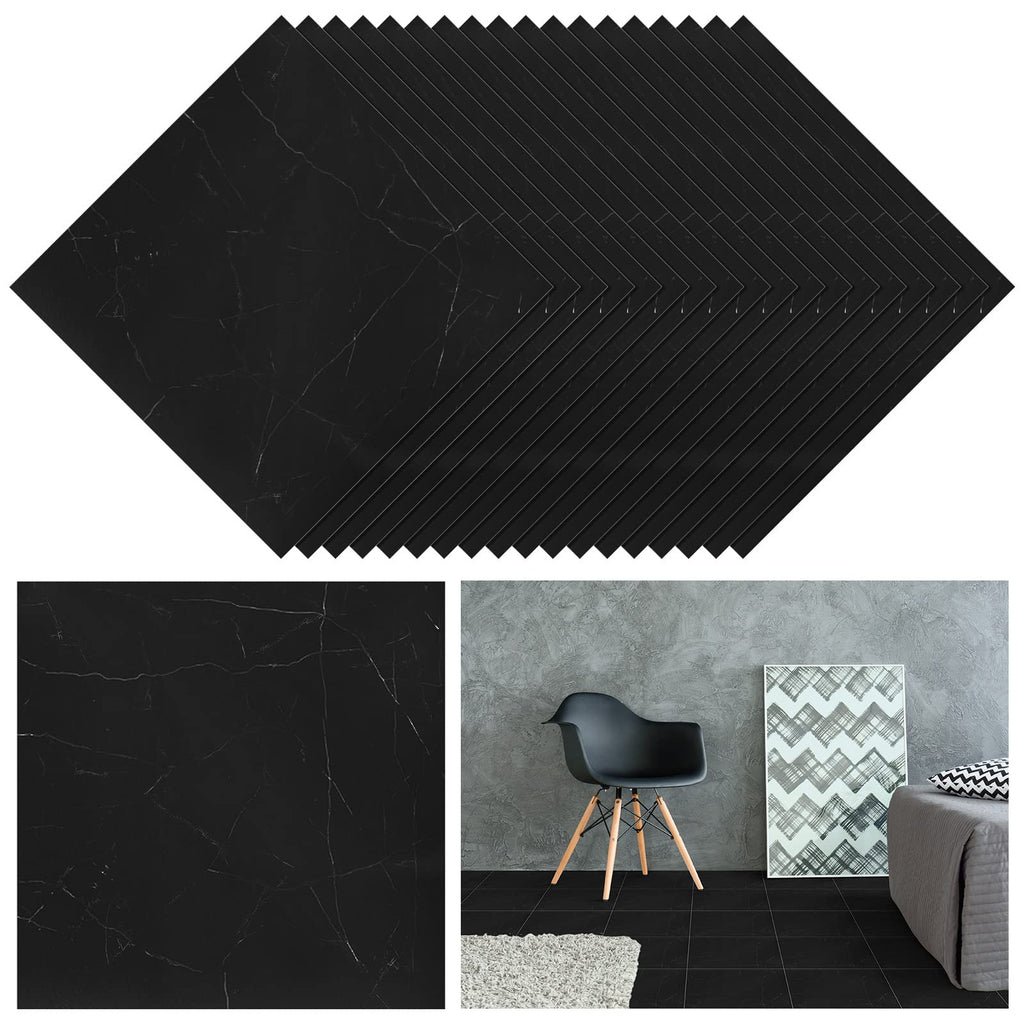 Spiareal 48 Pieces Peel and Stick Floor Tiles Vinyl Flooring 12 x 12 Inch Stick on Floor Tile Self Adhesive Waterproof DIY for Bathroom Kitchen Bedroom Living Room(Black Marble)