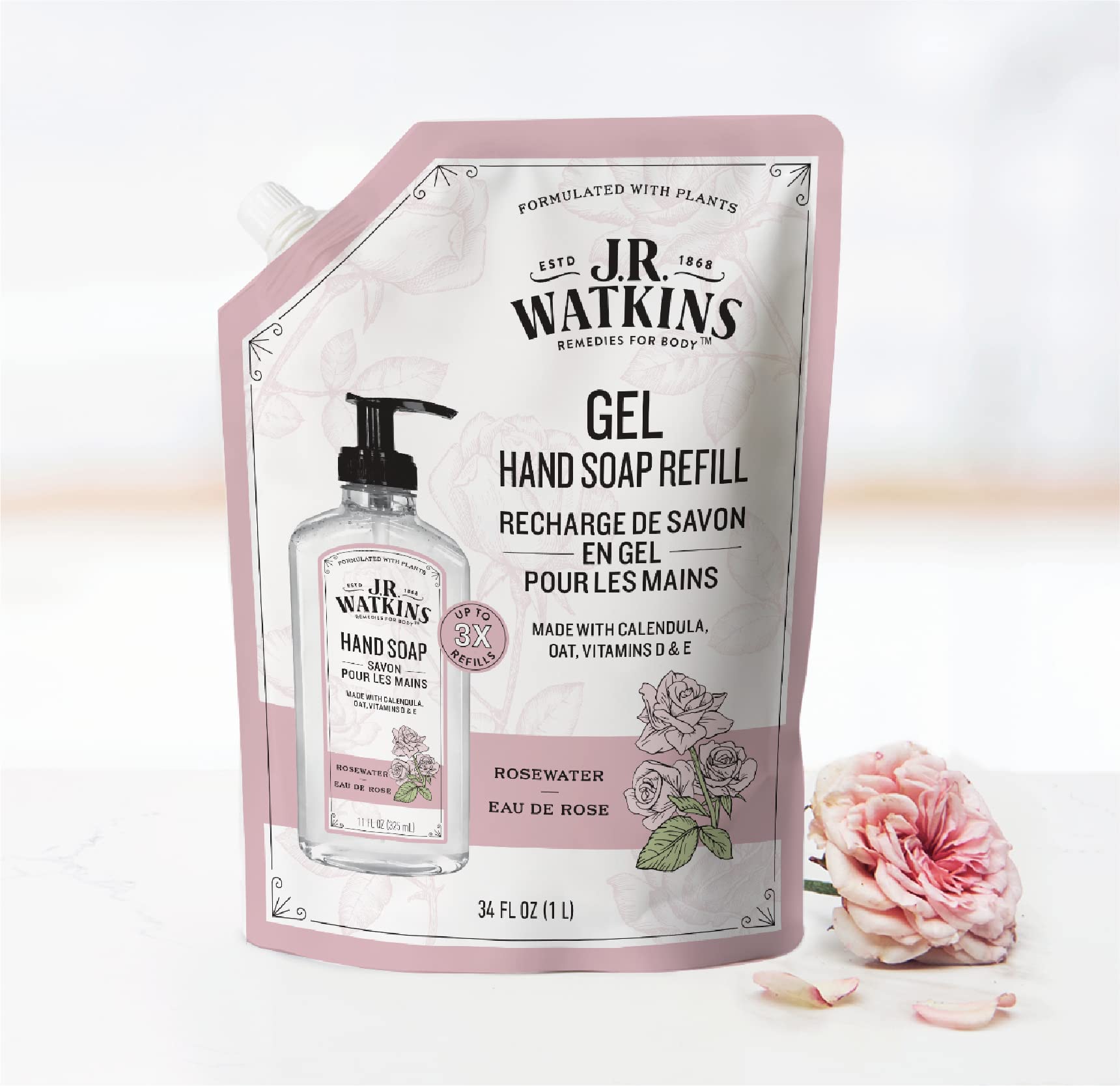 J.R. Watkins Gel Hand Soap Refill, Moisturizing Hand Wash, Formulated with Plant-Based Cleansers, Alcohol-Free, Cruelty-Free, Aloe & Green Tea, 34 Fl Oz, 2 Pack