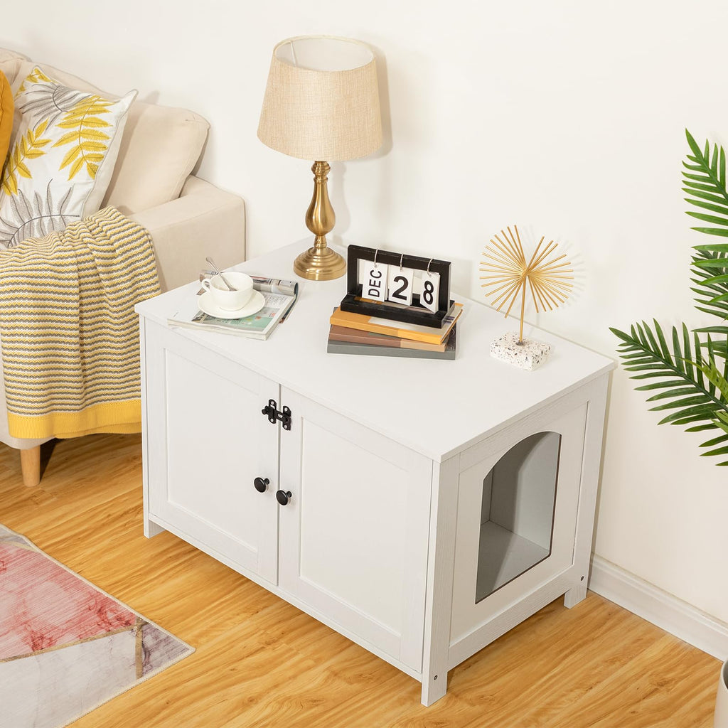 HOOBRO Litter Box Enclosure, Cat Litter Box Furniture with Removable Divider, Large Hidden Litter Box Furniture, Wooden Cat House, End Side Table, 31" L x 17.5" W x 19.7" H, Greige BG03MW01G2