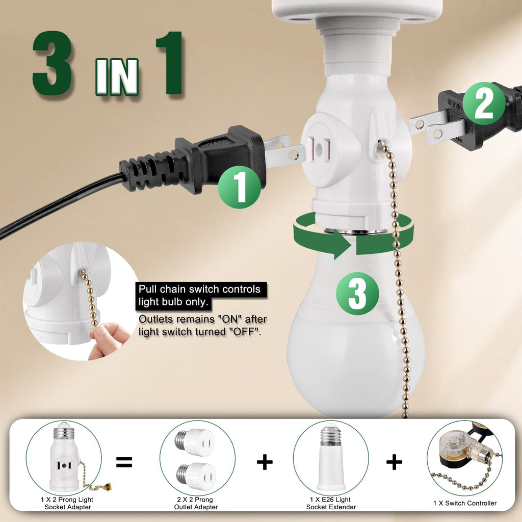 2-Pack E26 Light Socket Adapter - Converts Medium Screw Socket to Two Outlets With Pull Chain Switch - UL Listed, White