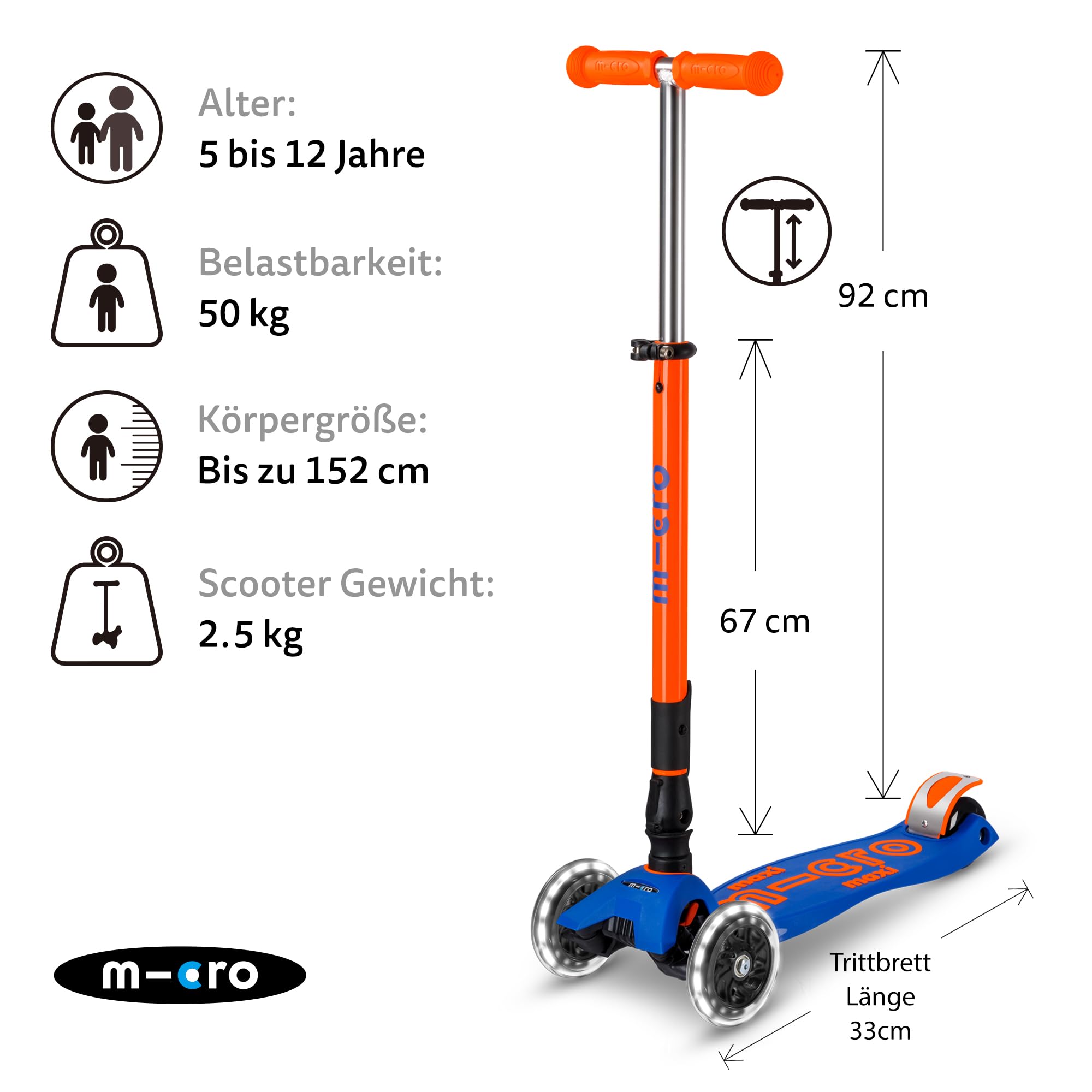 Micro Kickboard | Maxi Foldable LED Kids Scooter for Ages 5-12 | Children up to 110 lbs | 3 Wheel Lean-to-Steer Design | Adjustable T Bar | Smooth Ride, Motion Activated PU LED Wheels | Swiss Design