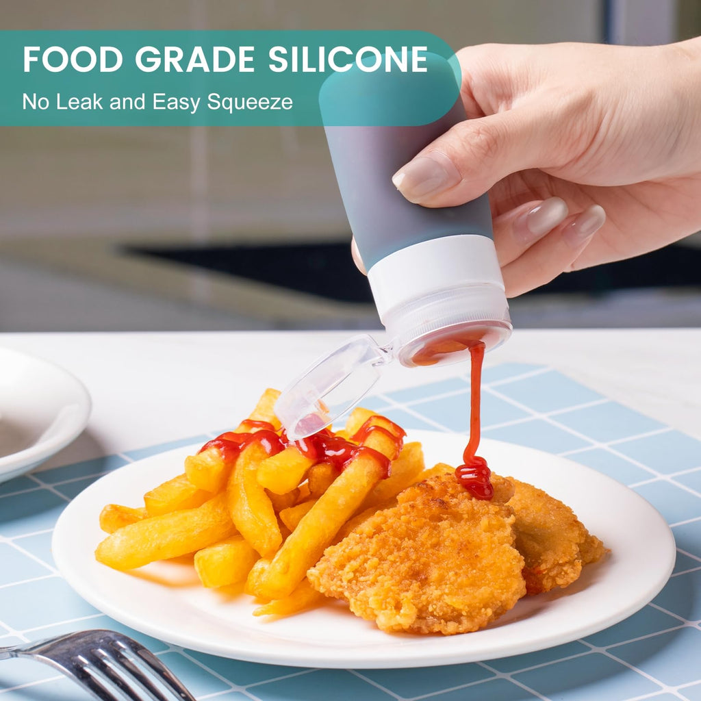 MICEBAY Condiment Squeeze Bottles for Sauces, 1-oz Mini Silicone Salad Dressing Container to Go with Snack Storage Bag, Leakproof Sauce Bottles for Lunch Box, 4 Pack, Blue
