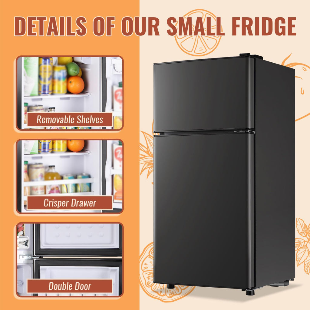 DEMULLER Mini Fridge with Double Doors Small Refrigerator with Separate Freezer & 7 Adjustable Temperature Control, Tiny Size & Personal Fridge Ideal for Office Apartment Dorm Black
