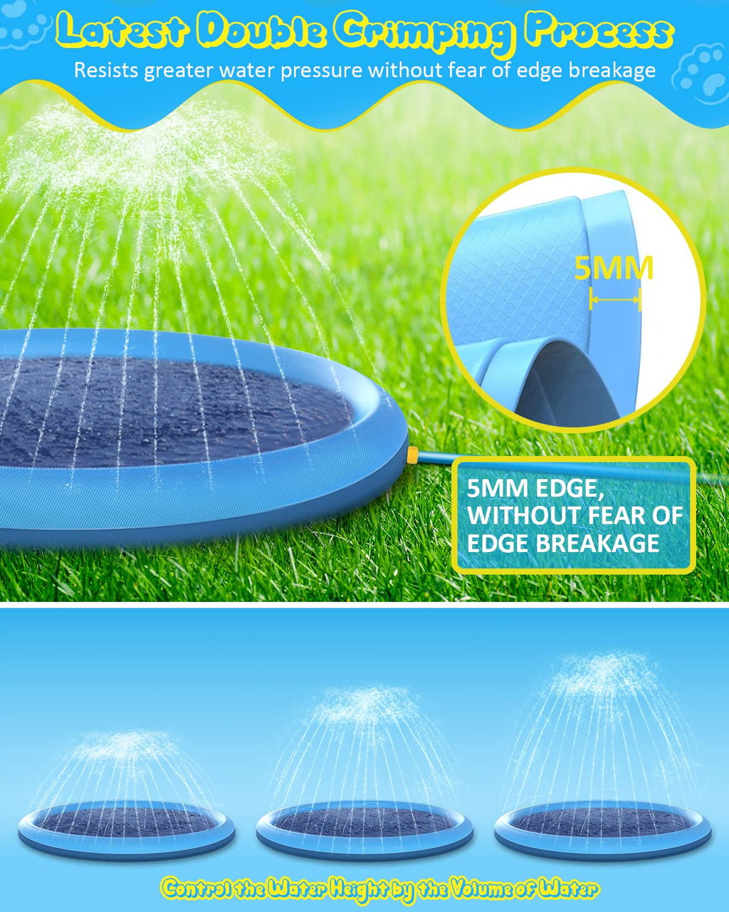 Raxurt Splash Pad, Non-Slip Thicken Splash Pad for Kids Ages 4-8 Toddler Baby Splash Sprinkler Pad Dog Pool Summer Outdoor Water Toys for Boys Girls, 59'' Blue