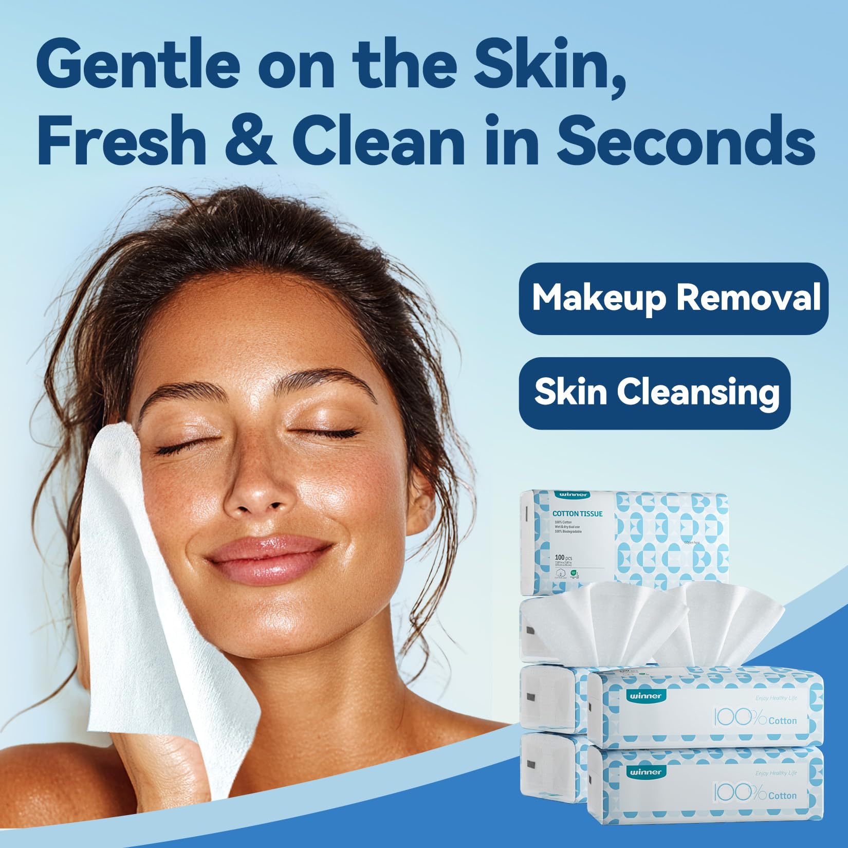 Winner Face Towels Soft Pack, 100% USDA Biobased Facial Towels, Unscented Cotton Tissues for Sensitive Skin, OEKO-TEX Certified Face Towelettes Disposable, Makeup Remover Dry Wipes, 100 Ct, 1 Pack