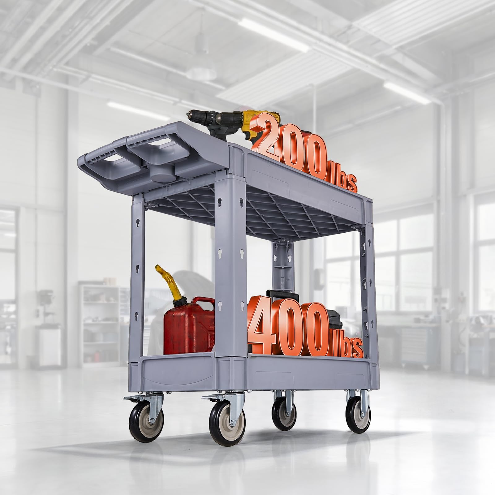 VEVOR Utility Service Cart, 2 Shelf 550LBS Heavy Duty Plastic Rolling Utility Cart, Medium Lipped Shelf, 360° Swivel Wheels, Ergonomic Storage Handle for Warehouse Garage, Black | Heavy Duty Rolling Cart with 360° Swivel Wheels, Medium Lipped Shelf, Ergon