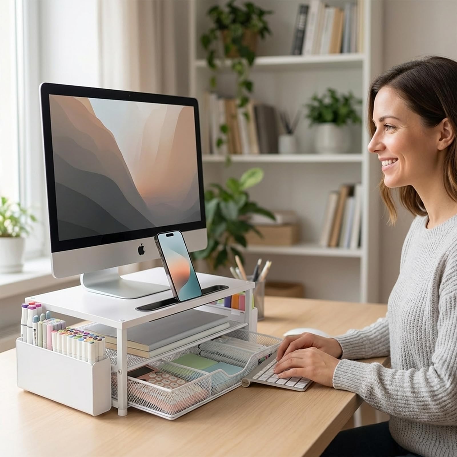 AUPSEN 2 Tier Computer Monitor Stands with Drawer and 2 Pencil Holder, Metal Monitor Stand Monitor riser, Computer Desk Organizer and Accessories for Laptop, Computer, Printer, Office Supplies(Black)