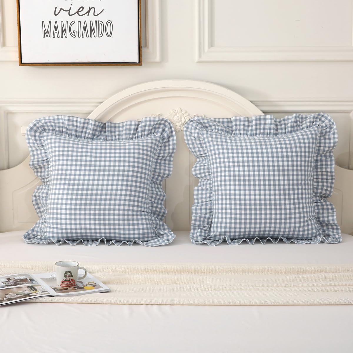 Silnuo Green/White Plaid Ruffled Queen Size Pillow Shams Set of 2,Washed Cotton Shabby Checkered Gingham Farmhouse Bed Pillow Covers 20"x30"