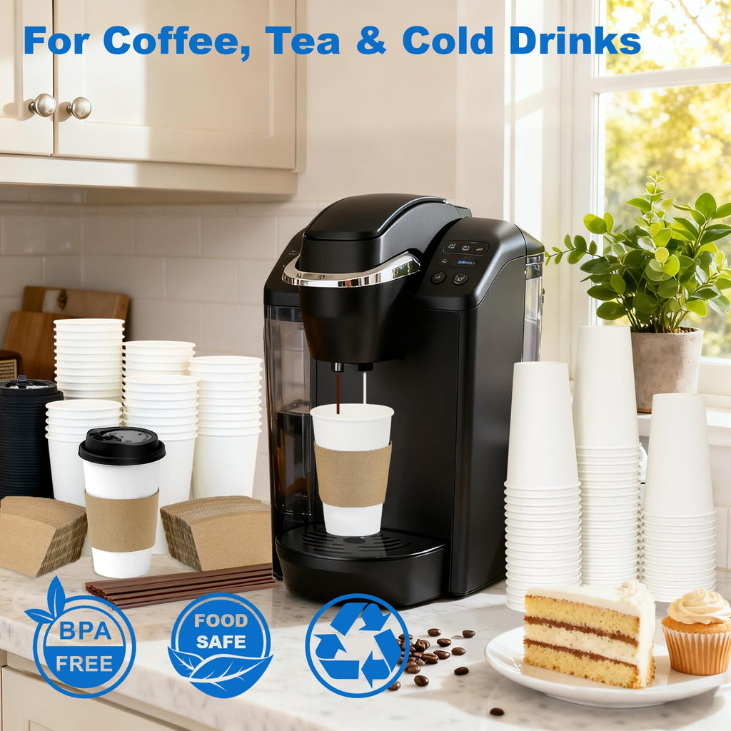 16 oz 100 Pack Corrugated Ripple Wall Disposable Coffee Cups with Lids and Straws, Heavy Duty Insulated Cups for Hot Beverage or Cold Drinks, Bulk for Restaurants, Offices, Coffee Shops(Black)