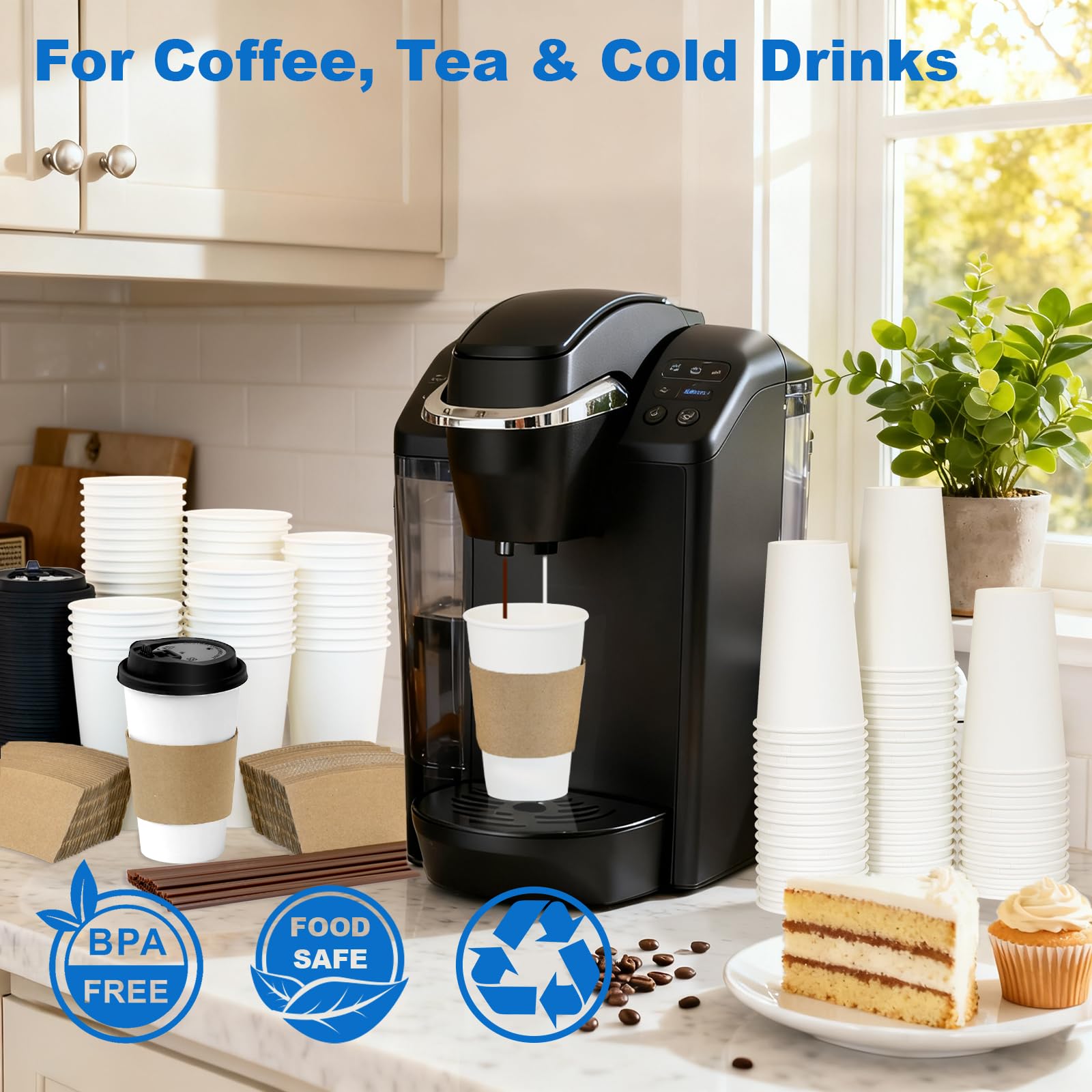 16 oz 100 Pack Corrugated Ripple Wall Disposable Coffee Cups with Lids and Straws, Heavy Duty Insulated Cups for Hot Beverage or Cold Drinks, Bulk for Restaurants, Offices, Coffee Shops(Black)