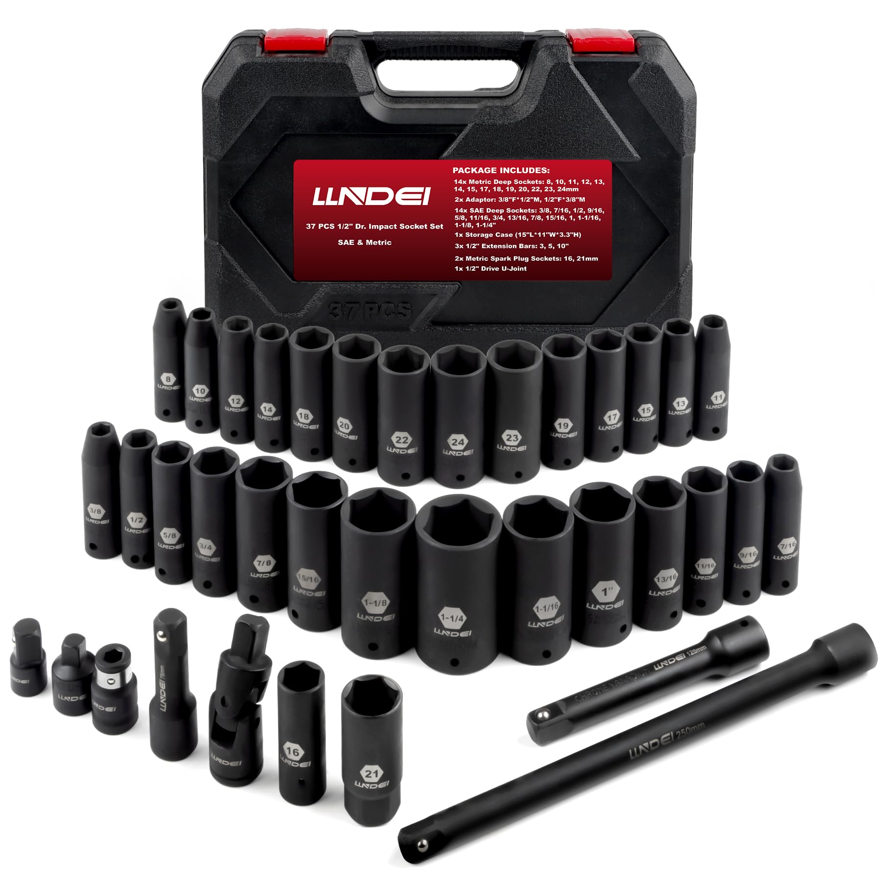 LLNDEI 1/2 inch Drive Deep Impact Socket Set, 37 Piece Standard SAE 3/8" to 1-1/4" | Metric 8 to 24mm, Includes Spark Plug Socket (16, 21mm), CR-MO Universal Joint, Extension Bars and Adapter