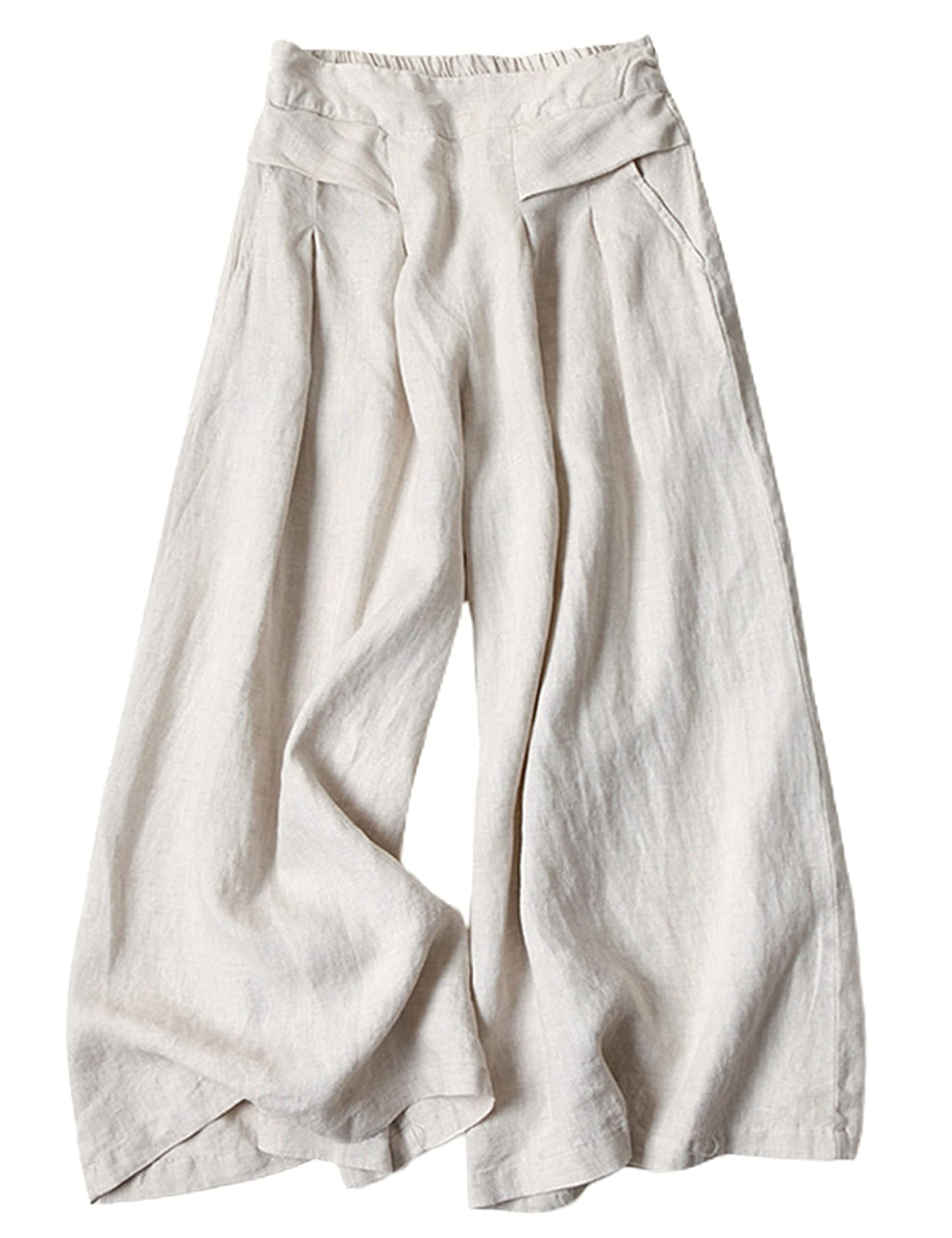 Bianstore Women's Culottes Linen Cropped Wide Leg Pants Elastic Waist Casual Palazzo Trousers with Pockets