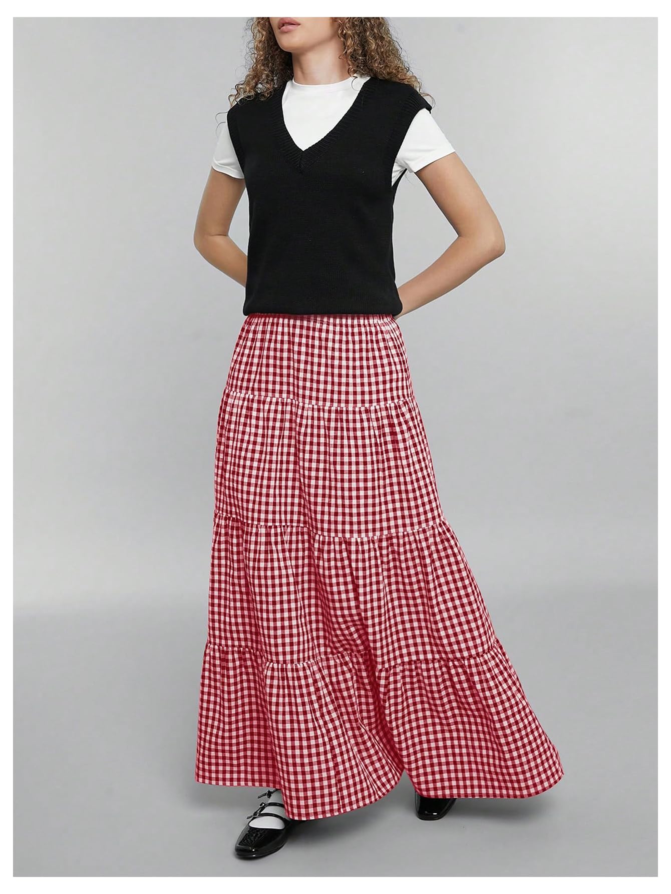 MakeMeChic Women's Plaid Maxi Skirts A Line Ruffle Tiered Layer Y2K Flowy Casual Long Skirts