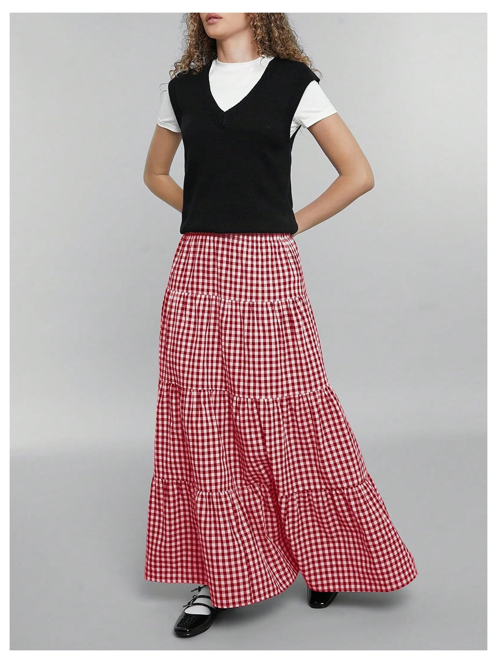 MakeMeChic Women's Plaid Maxi Skirts A Line Ruffle Tiered Layer Y2K Flowy Casual Long Skirts