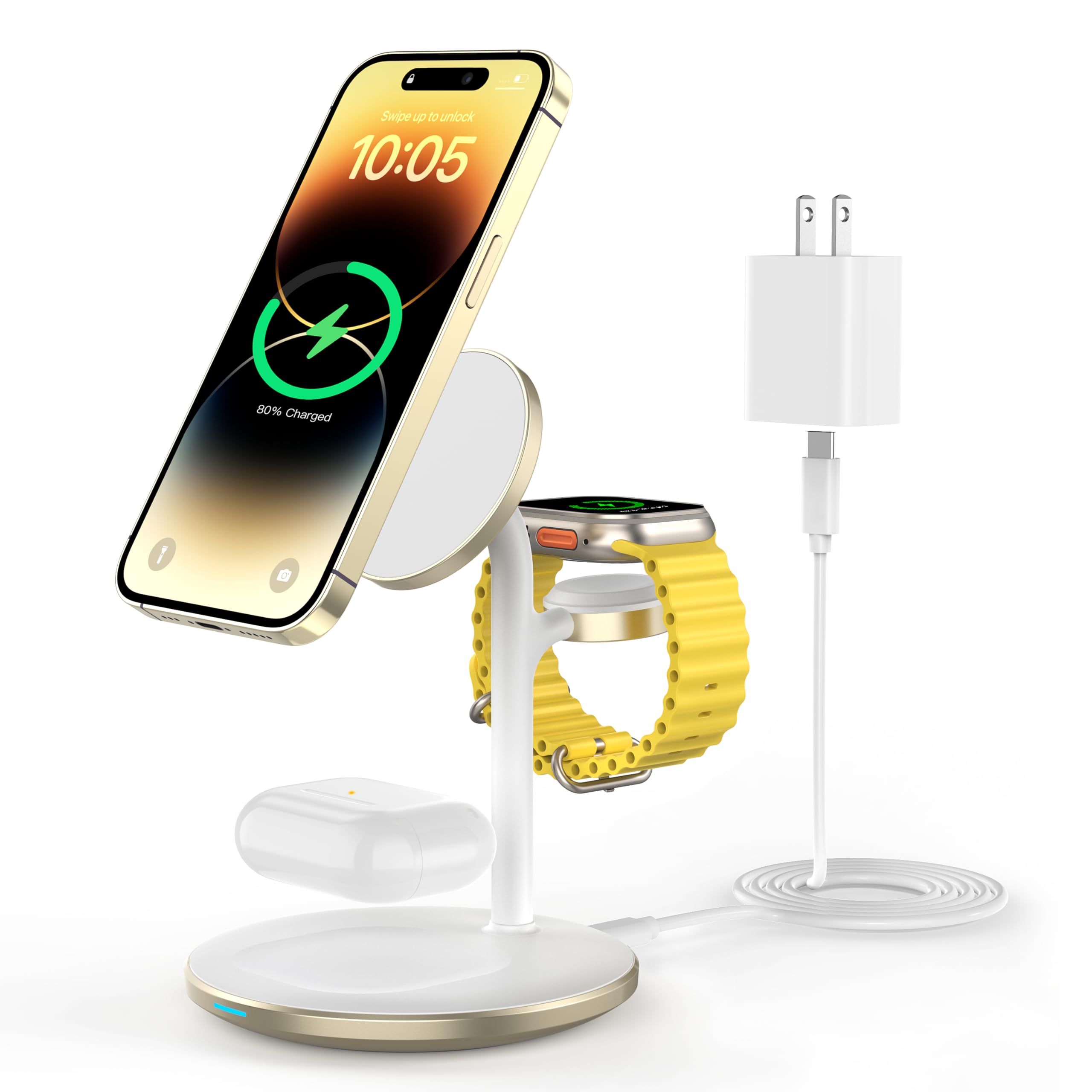 XooFly 3 in 1 Wireless Charging Station for Apple Devices, Fast Wireless Mag-Safe Charger Stand with 20W Adapter for iPhone 17/16 15 14 13 12 Pro Max/Pro/Plus/Air/Mini, iWatch, AirPods (Black)