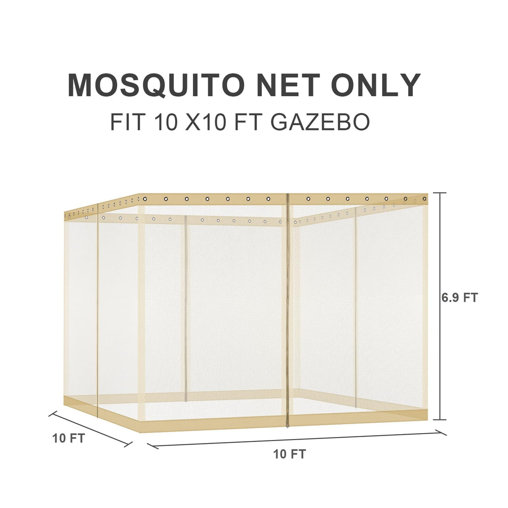 BPS 10' x 10' Gazebo Universal Mosquito Netting Screen Replacement, 4-Panel Mesh Screen Walls with Double Zippers for Outdoor Patio, Khaki (Mosquito Net Only)