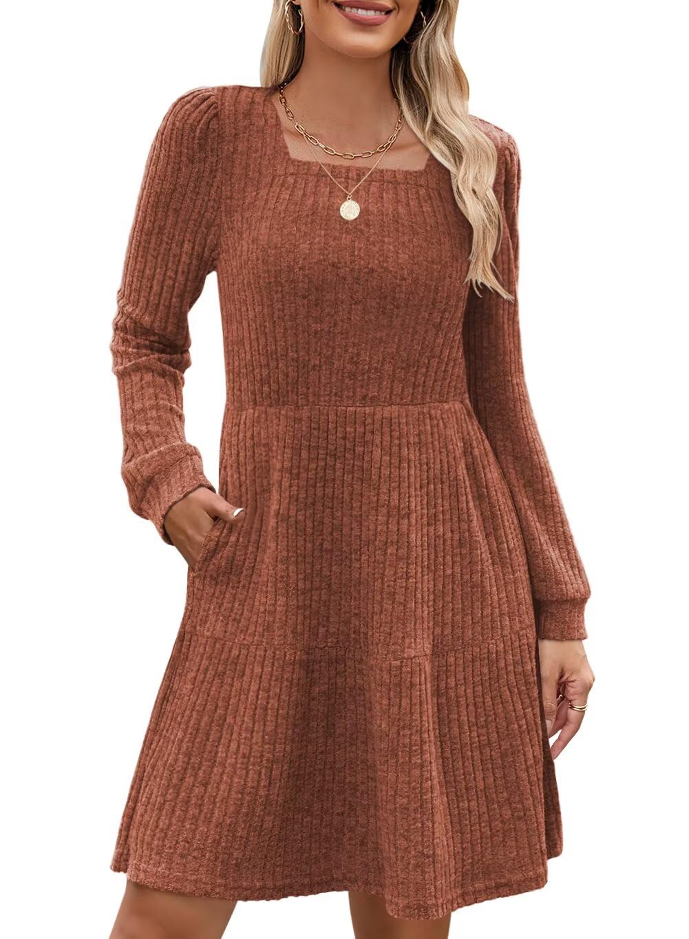 QACOHU Falll Dresses for Women 2026 Crew Neck Long Lantern Sleeve Casual Loose Flowy Swing Shift Dress