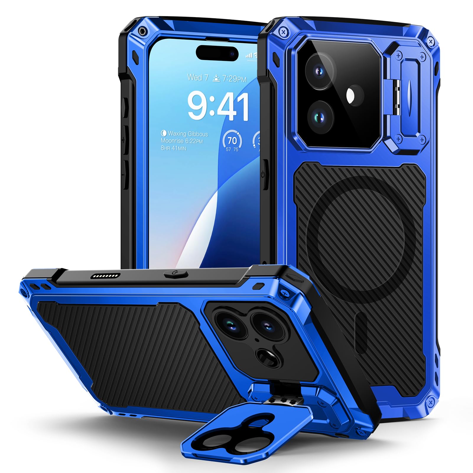 Lanhiem for iPhone 16 Metal Case with Camera Cover & Stand [Compatible with MagSafe] [Built-in Kickstand] [Military-Grade Protection] Heavy Duty Rugged Magnetic Phone Case, Black