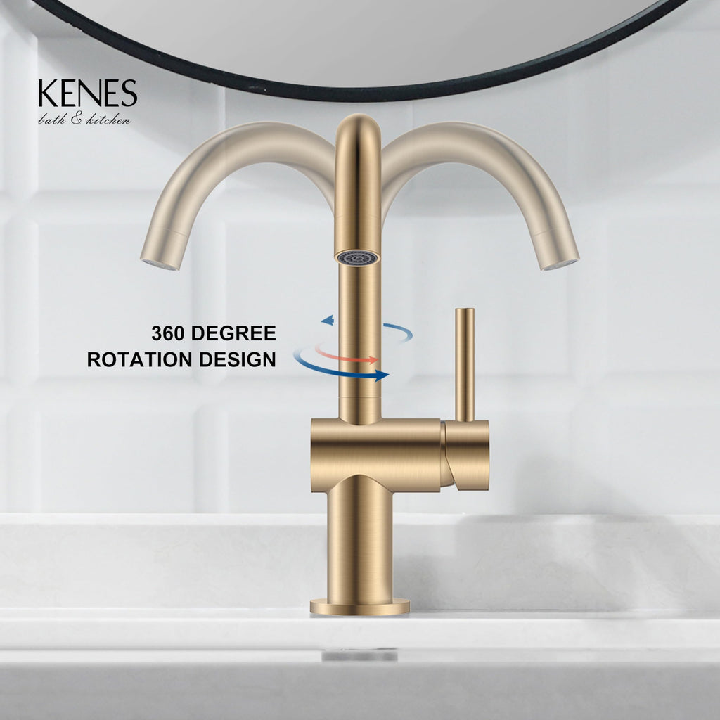 KENES Black and Gold Single Handle Bathroom Sink Faucet, Modern Prep Wet Bar Sink Faucet with Drain Assembly & Deck Plate, Vanity Faucets for Farmhouse RV Camper Utility, KE-9005B-BG