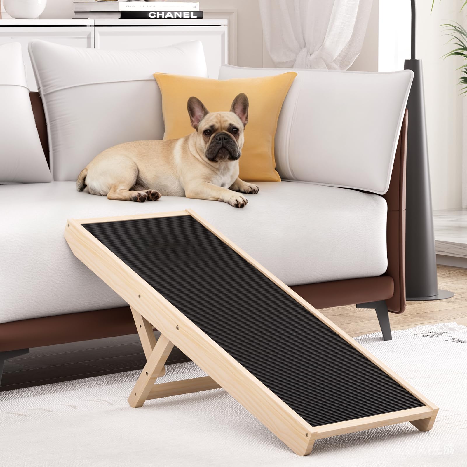 Dog Ramp for Couch, Wooden Pet Ramps 39.37" Long Adjustable 12"-20.47" Folding Puppy Ramps with Anti-Slip Rubber Mat, Dog Stairs for Small & Medium Older Dogs & Cats, up to 100lbs