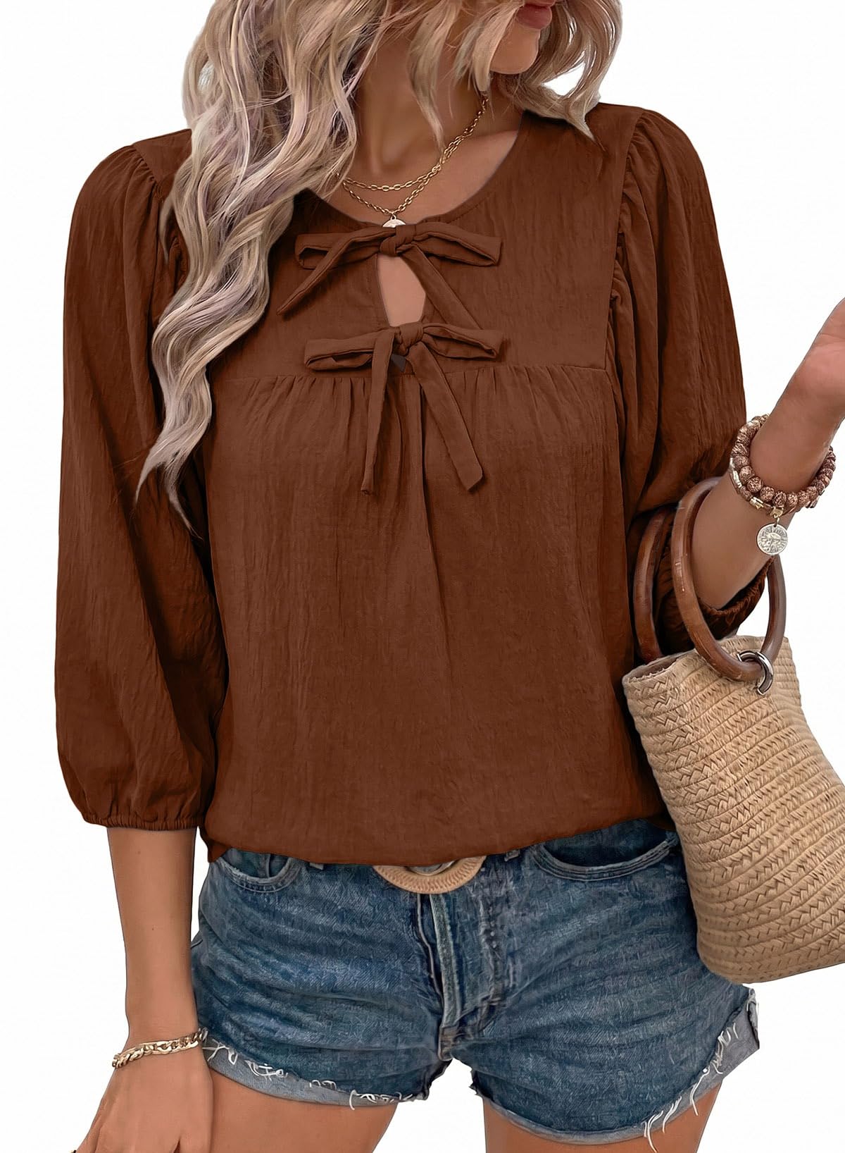 SHEWIN Womens Tops 3/4 Sleeves Blouse Babydoll Dressy Casual Top Elegant Bow Tie Loose Ladies Shirts 2026