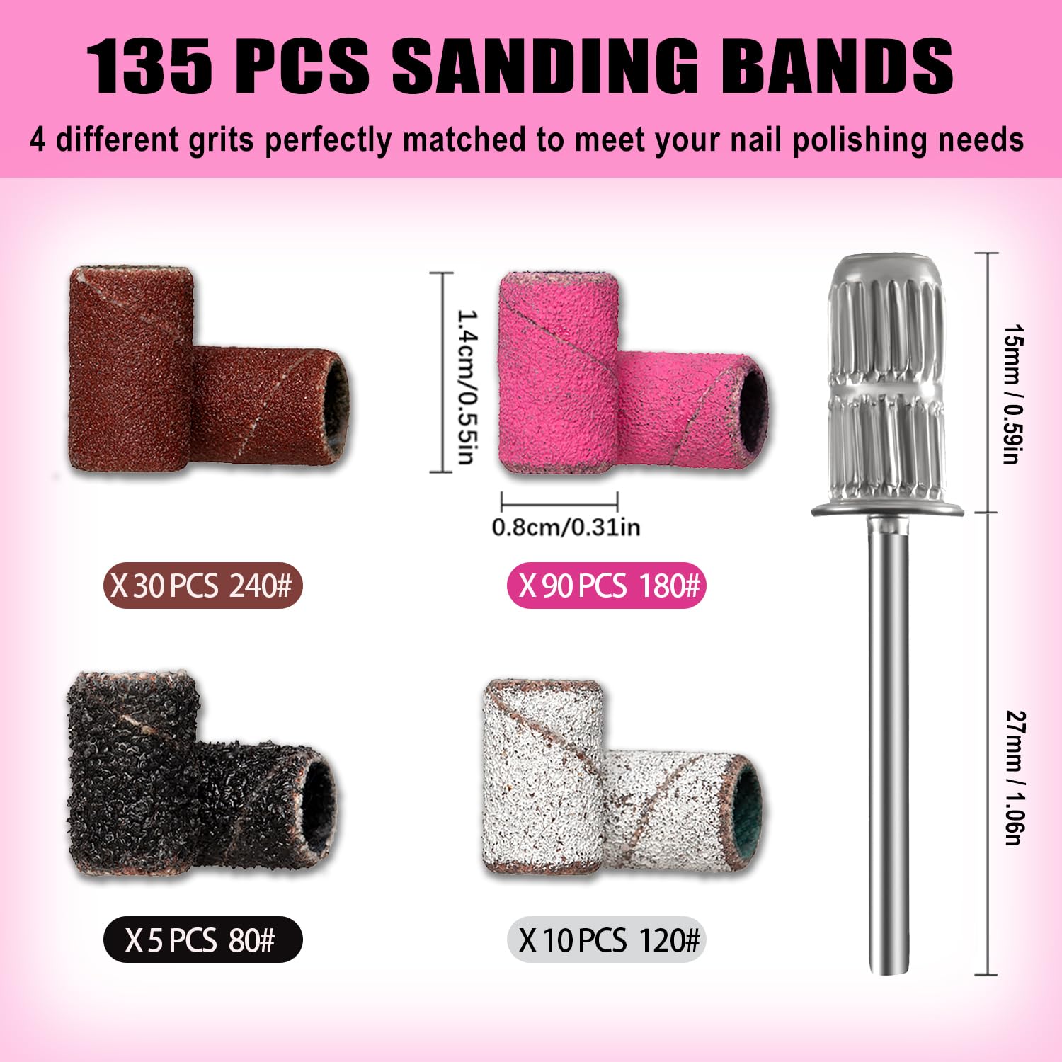 Haozher Nail Drill Bits, 135 Pcs Sanding Bands for Nail Drill, Nail Tips for Drill Bits Nail Tech, Mix 80#120#180#240# Fine Grit File Sanding Bands for Acrylic Gel Manicures Pedicure