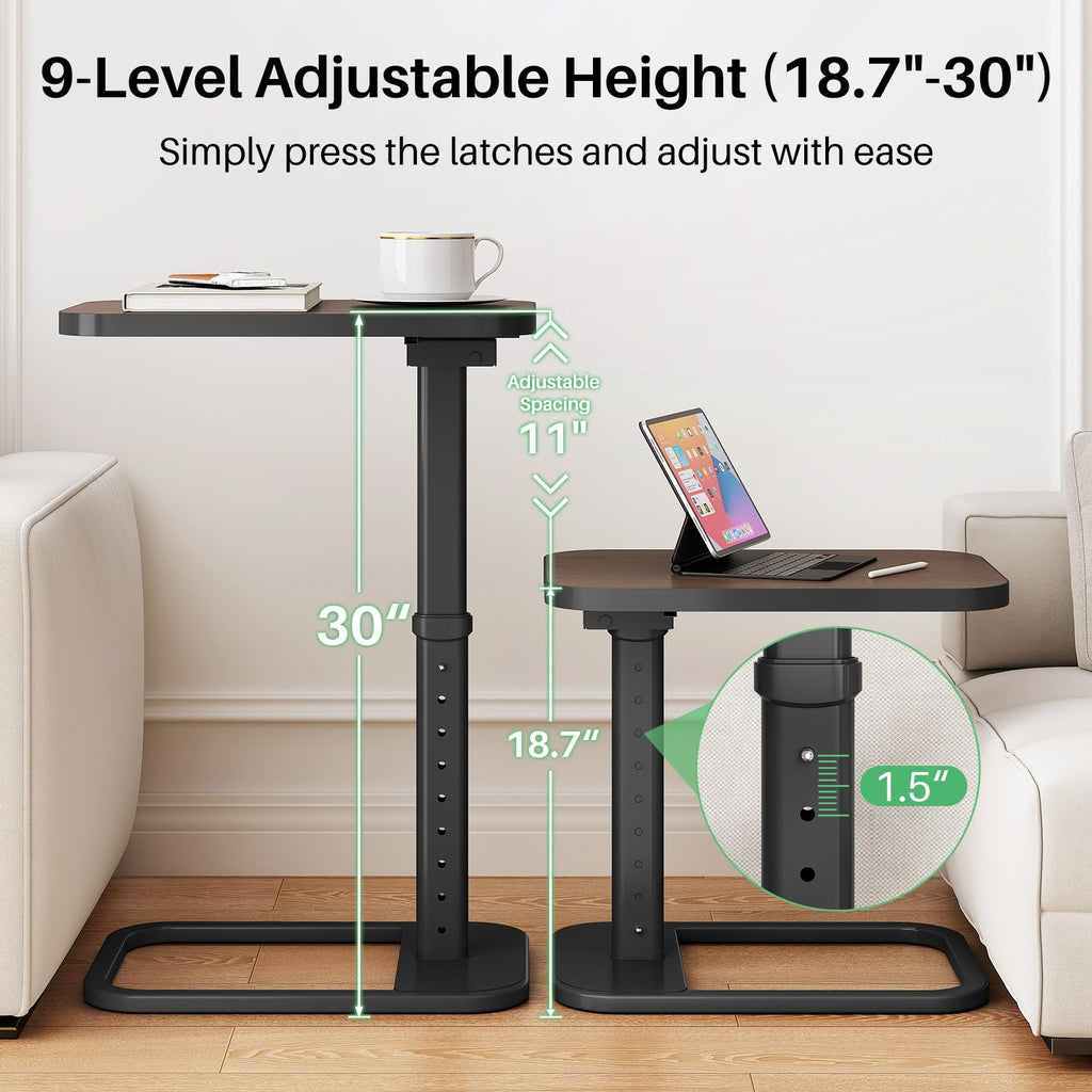 Kitstorack TV Tray Table, Adjustable Height & Rounded Metal Corners, Snack Table for Couch, Sofa, Bed, Chair, Living Room, C Shaped End Side Table for Eating, Dinner or Laptop, Small Spaces, Black