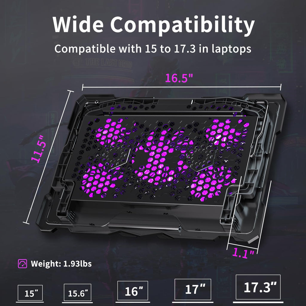 AICHESON Laptop Cooling Pad 5 Fans Up to 17.3 Inch Heavy Notebook Cooler, Blue LED Lights, 2 USB Ports, S035, Blue-5fans