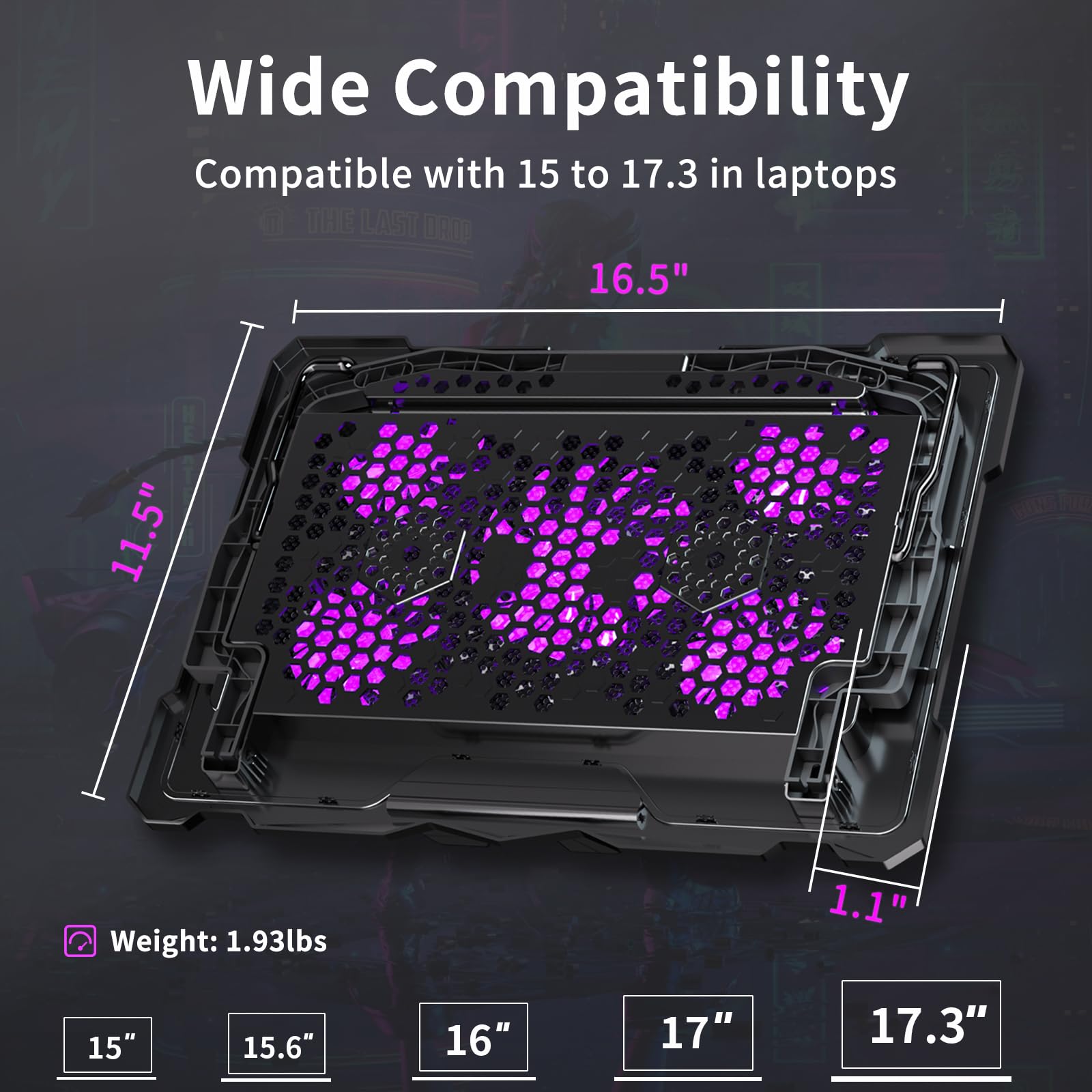 AICHESON Laptop Cooling Pad 5 Fans Up to 17.3 Inch Heavy Notebook Cooler, Blue LED Lights, 2 USB Ports, S035, Blue-5fans