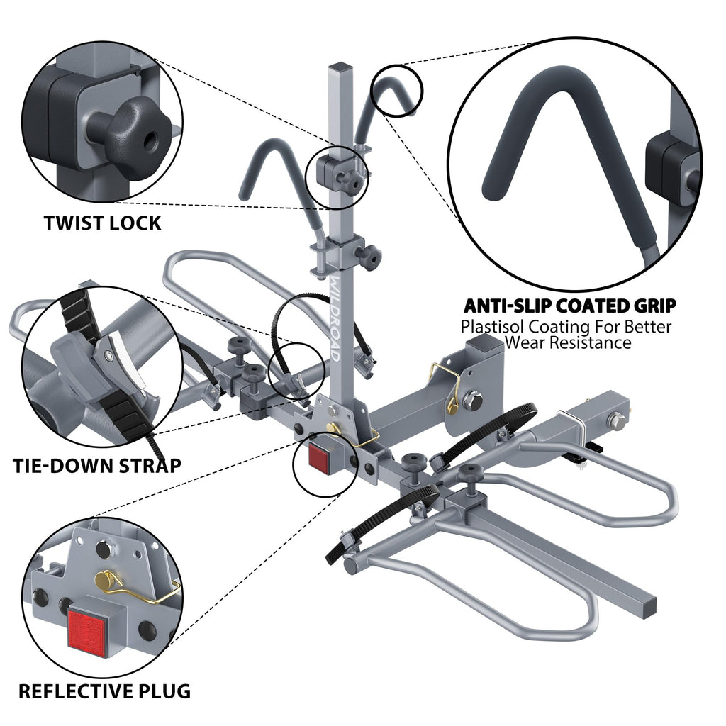 WILDROAD Hitch Bike Rack, Wobble Free Smart Tilting Bike Rack, Foldable 2-Bike Rack for Standard, Fat Tire and E-Bike, 2-Bike 180 lbs Capacity, Fits 2-inch Receiver