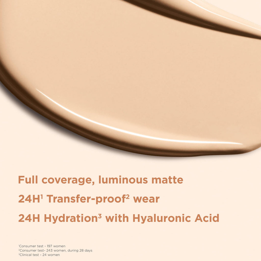 Clarins Skin Illusion Longwear Full Coverage Foundation|Luminous Matte Finish|24H Hold and 24H Hydration|Natural Looking|Transfer, Sweat and Smudge Proof| Contains Hyaluronic Acid|1 Fl Oz