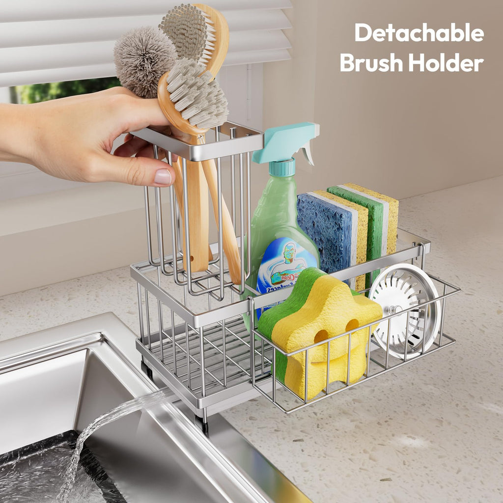 SWTYMIKI Sponge Holder for Kitchen Sink - Sink Caddy with Brush Holder Self-draining Sponge Caddy Organizer with Divider Stainless Steel Kitchen Accessories Storage for Countertop, Black