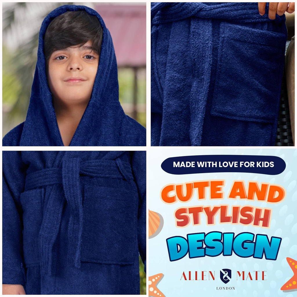 ALLEN & MATE 100% COTTON Hooded Kids Bathrobe – Soft, Medium Weight Absorbent Bath Towel Robe for Boys & Girls, 6-15 Years