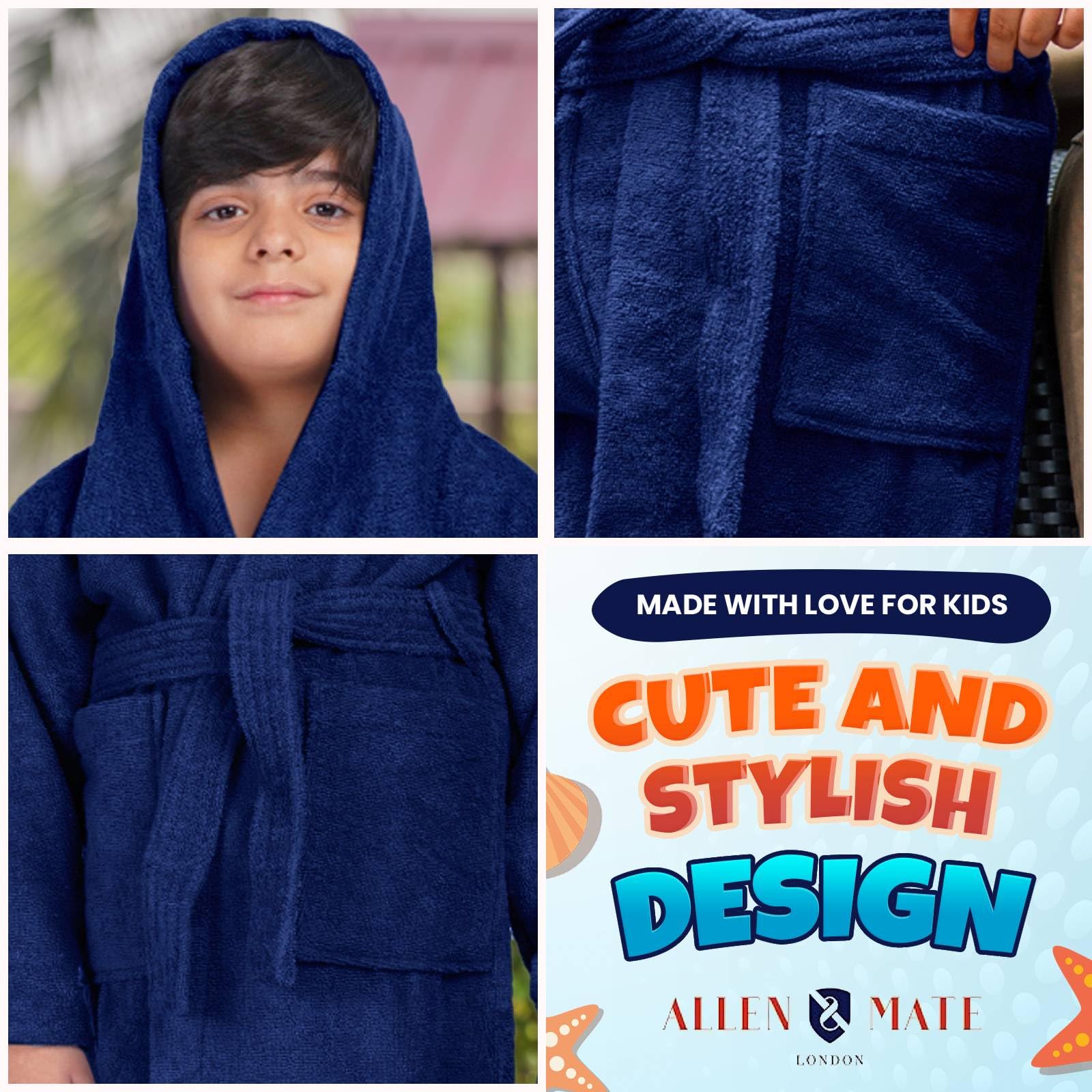 ALLEN & MATE 100% COTTON Hooded Kids Bathrobe – Soft, Medium Weight Absorbent Bath Towel Robe for Boys & Girls, 6-15 Years