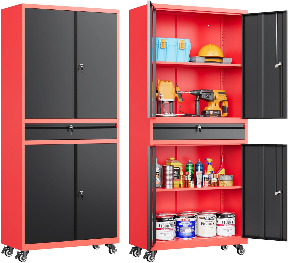 SISESOL Wide & Deep Metal Storage Cabinet with Wheels,Tall Rolling Garage Storage Cabinet with Lock,Black Metal Cabinets with Pegboards and Shelves,Tool Locker for Garage,Home,Office,43''Wx 20''Dx71"H