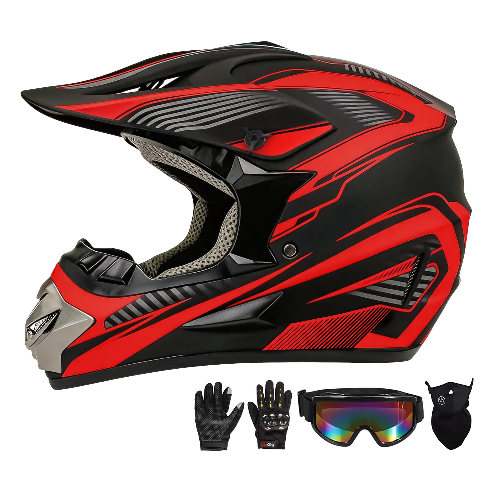 Youth Kids Motocross Helmet Full Face Motorcycle Dirt Bike Off-Road Mountain Bike BMX MX ATV Helmet,DOT Approved,W/Gloves Goggles Mask 4Pcs Set (Black, S)