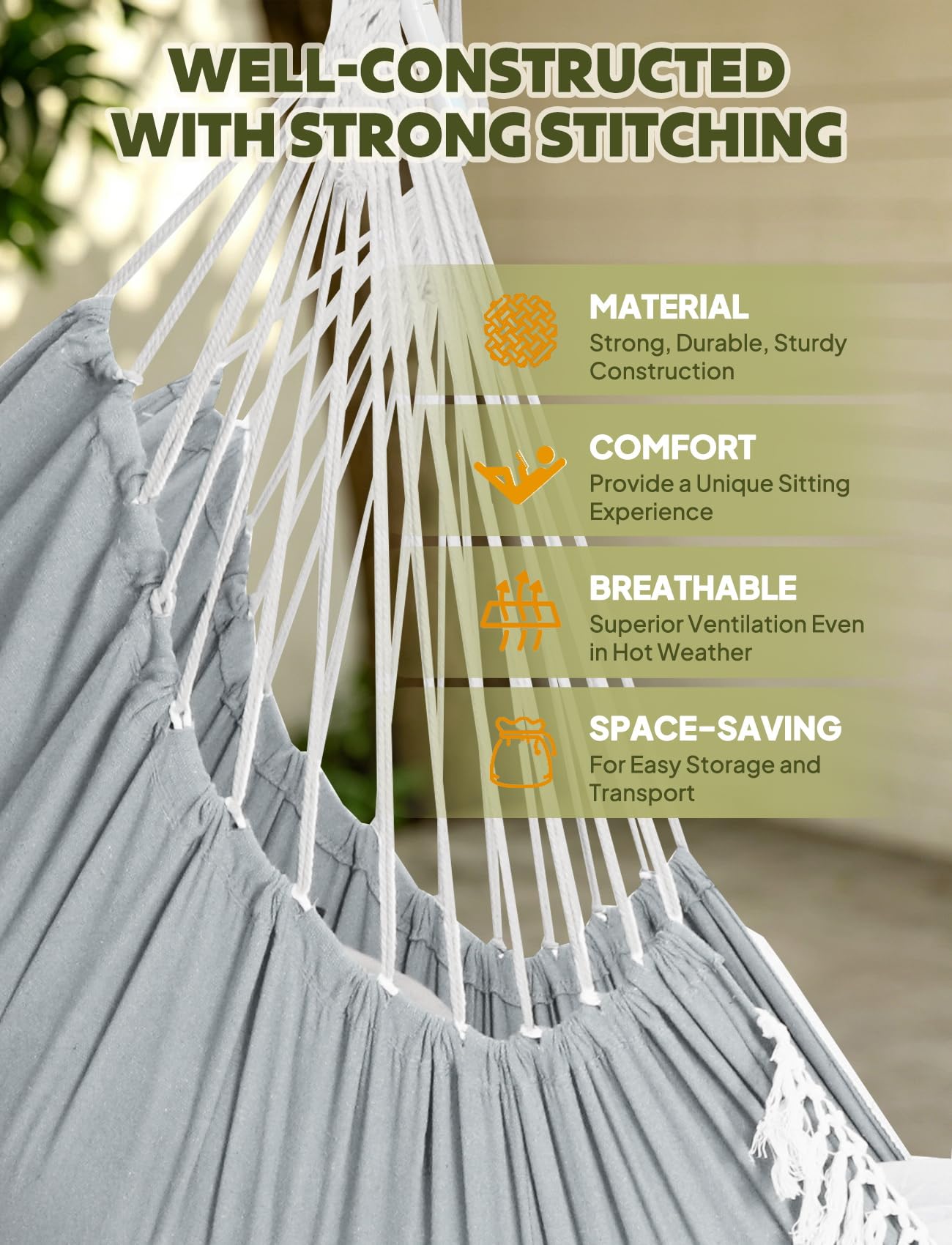 Chihee Hammock Chair Hanging Swing Max 500 Lbs 2 Cushions Included Metal Spreader Bar with Anti-Slip Grooves Portable Hanging Chair Side Pocket Large Macrame Bohemian Chair Indoor Outdoor | Hanging Swing with Anti-Slip Grooves Portable Hanging Chair Side