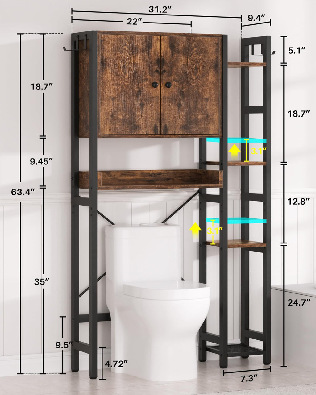 Over The Toilet Storage Cabinet with Doors - 7 Tier Bathroom Organizer with Adjustable Shelf, Freestanding Space Saver Rack Above Toilet Stand with 4 Hooks for Bathroom, Restroom, Laundry, Black