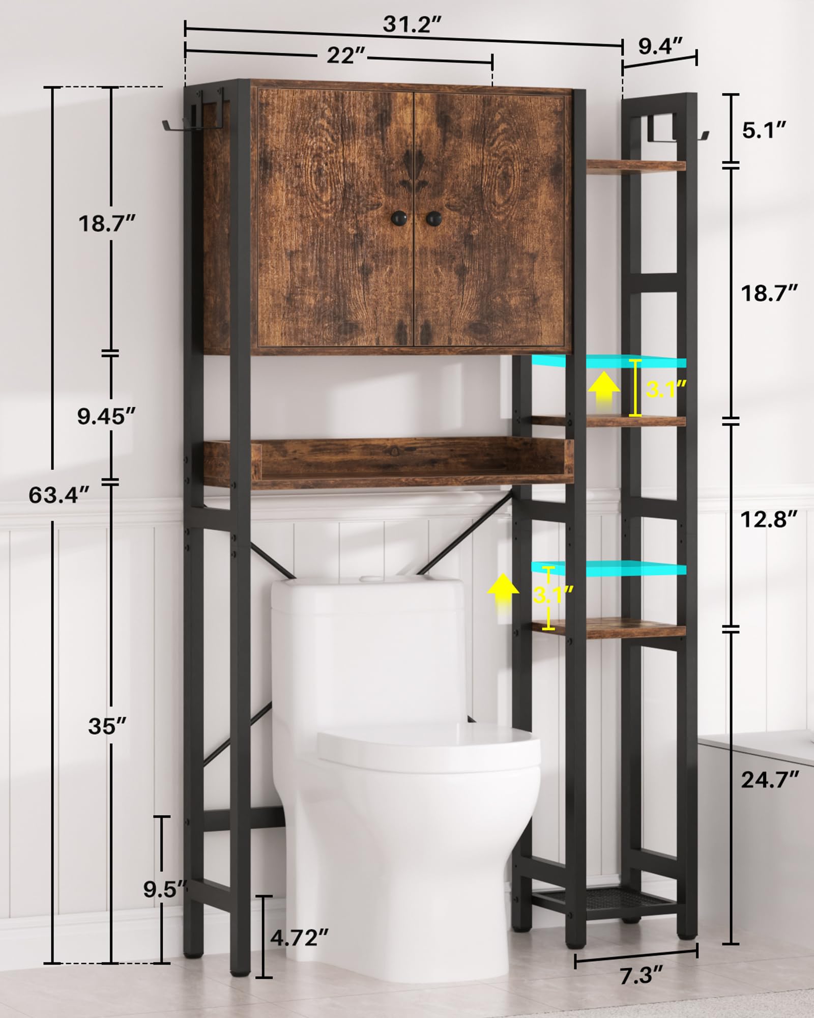 Over The Toilet Storage Cabinet with Doors - 7 Tier Bathroom Organizer with Adjustable Shelf, Freestanding Space Saver Rack Above Toilet Stand with 4 Hooks for Bathroom, Restroom, Laundry, Black