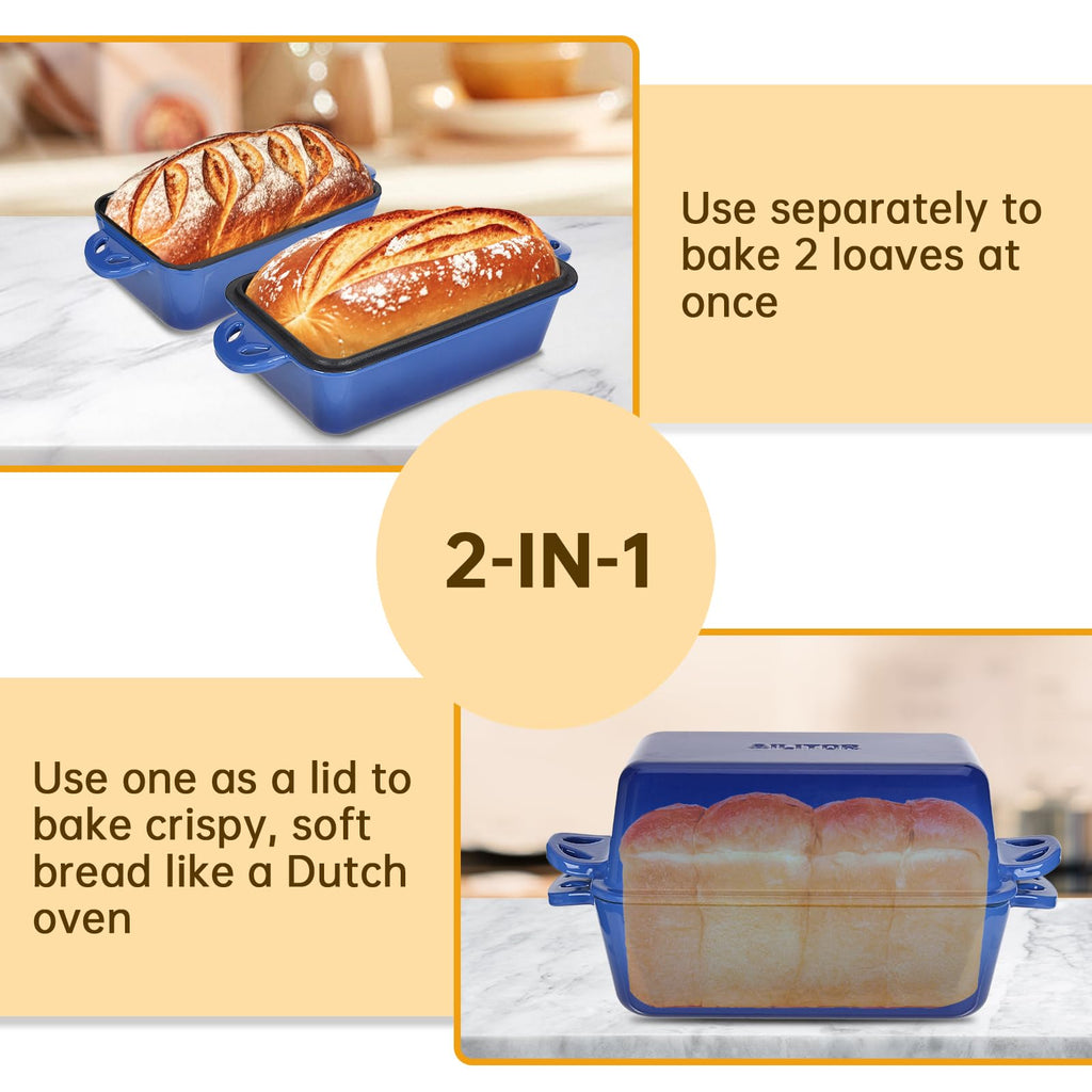 AILITOR 9x5 Enameled Cast Iron Loaf Pan with Lid - 2 in 1 Sourdough Bread Pan for Homemade Baking