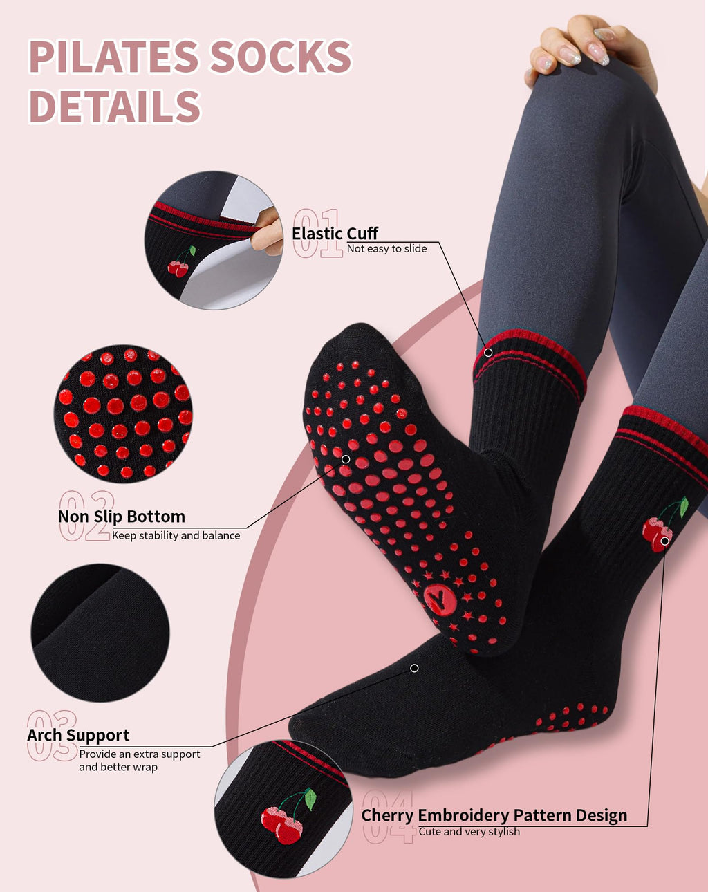 Yawlsow Pilates Grip Socks for Women Yoga Grippy Socks Cute Barre Non Skid Athletic Crew Sticky Sock Workout Hospital