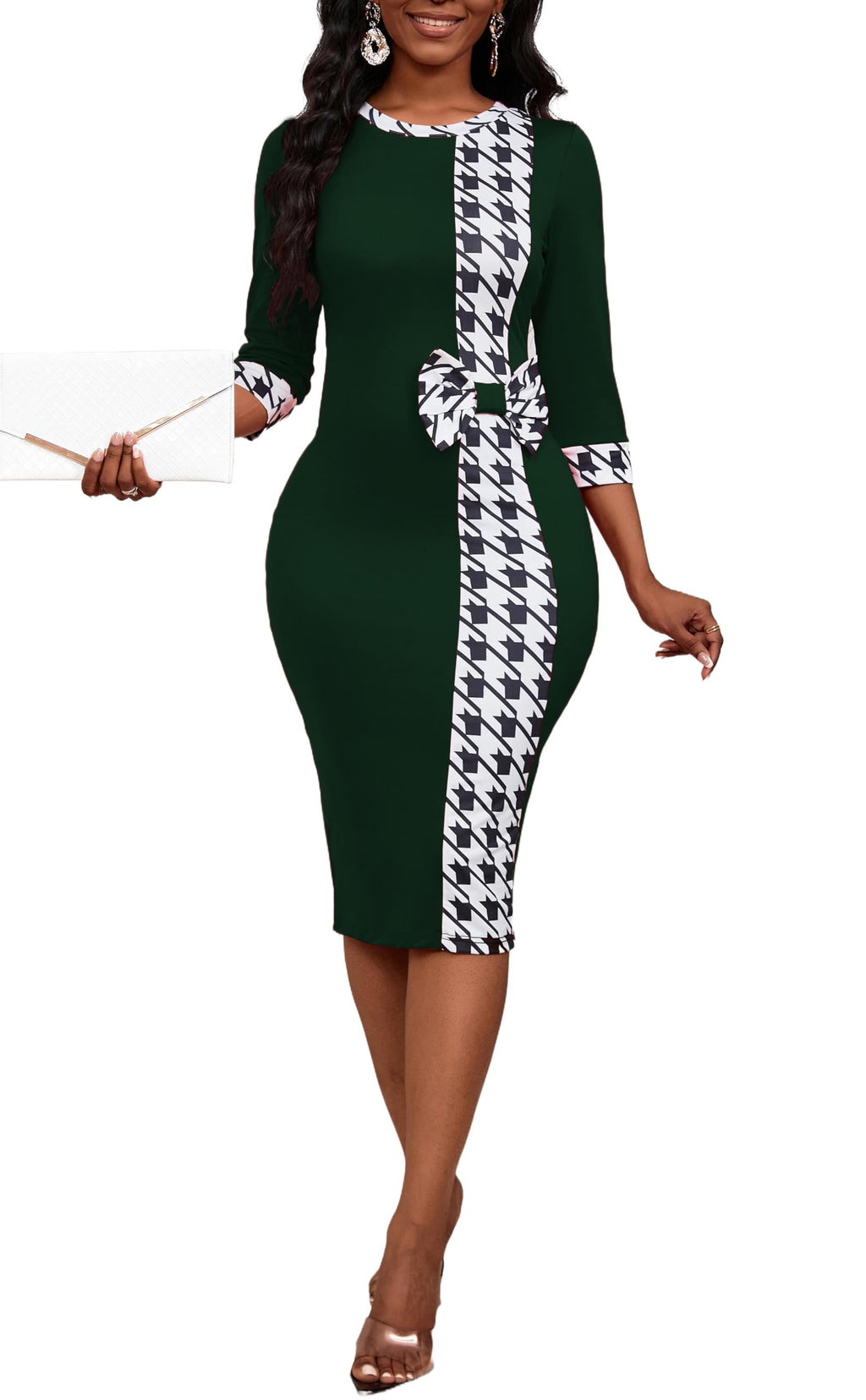 PerZeal Women's 3/4 Sleeve Round Neck Casual Houndstooth Bodycon Wear to Work Pencil Sheath Midi Dresses