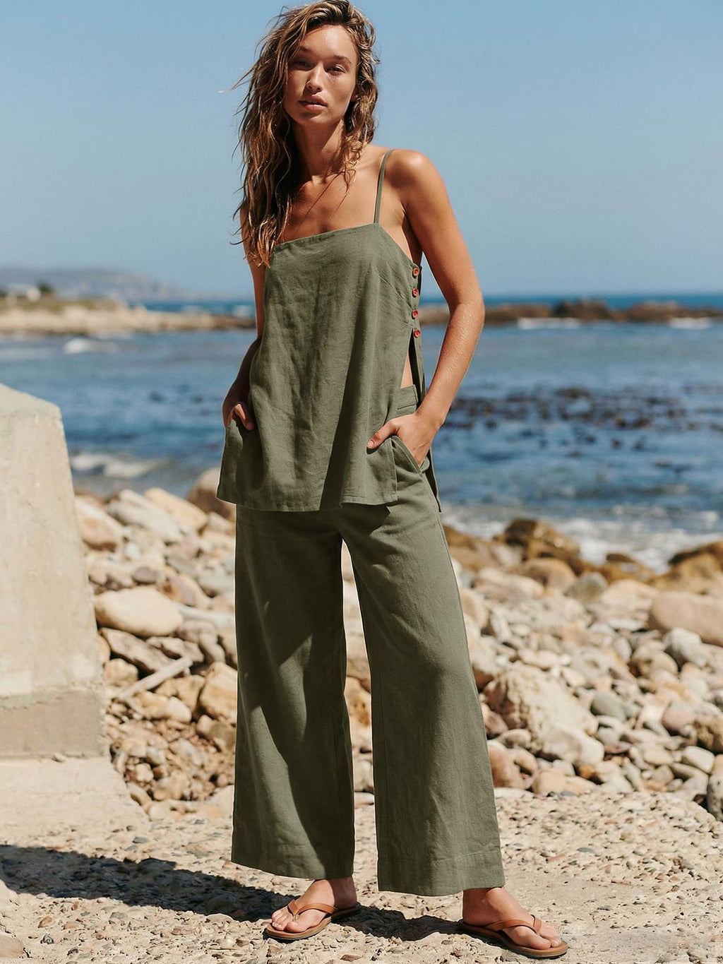 Dokuritu Linen Sets for Women 2 Piece Summer Spaghetti Strap Top Wide Leg Pant Set Beach Vacation Travel Outfits with Pockets