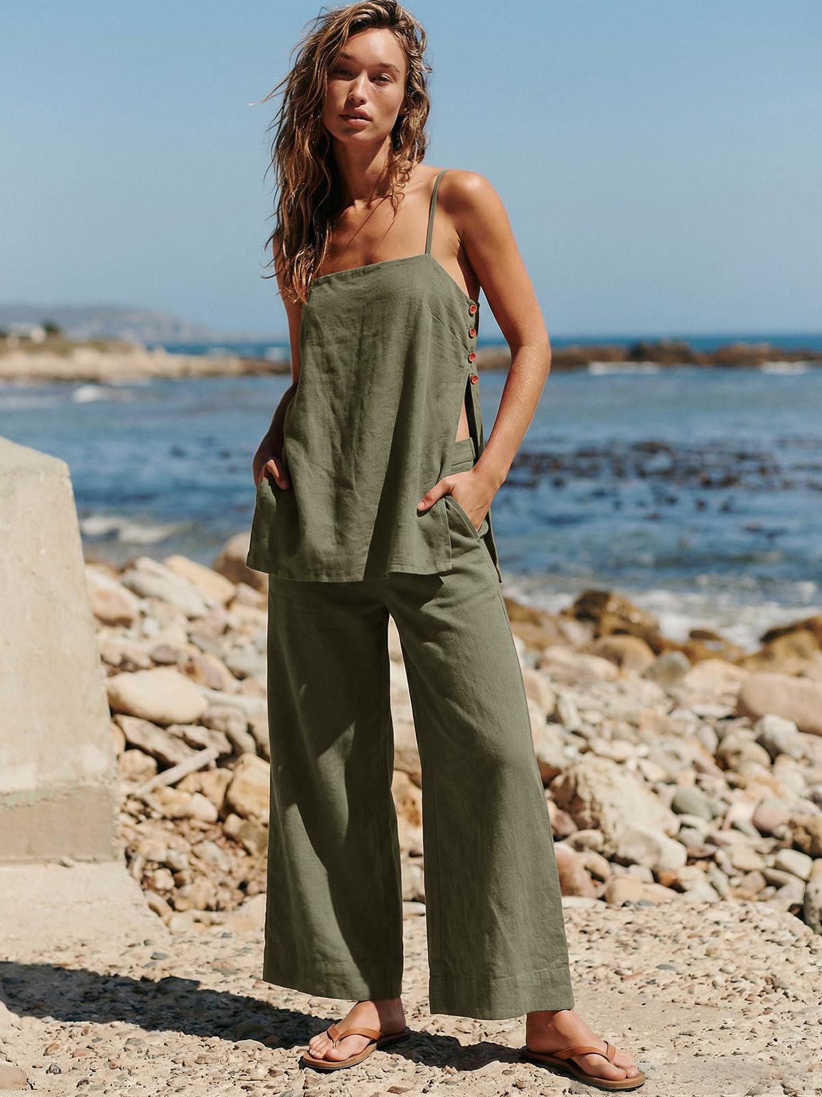Dokuritu Linen Sets for Women 2 Piece Summer Spaghetti Strap Top Wide Leg Pant Set Beach Vacation Travel Outfits with Pockets