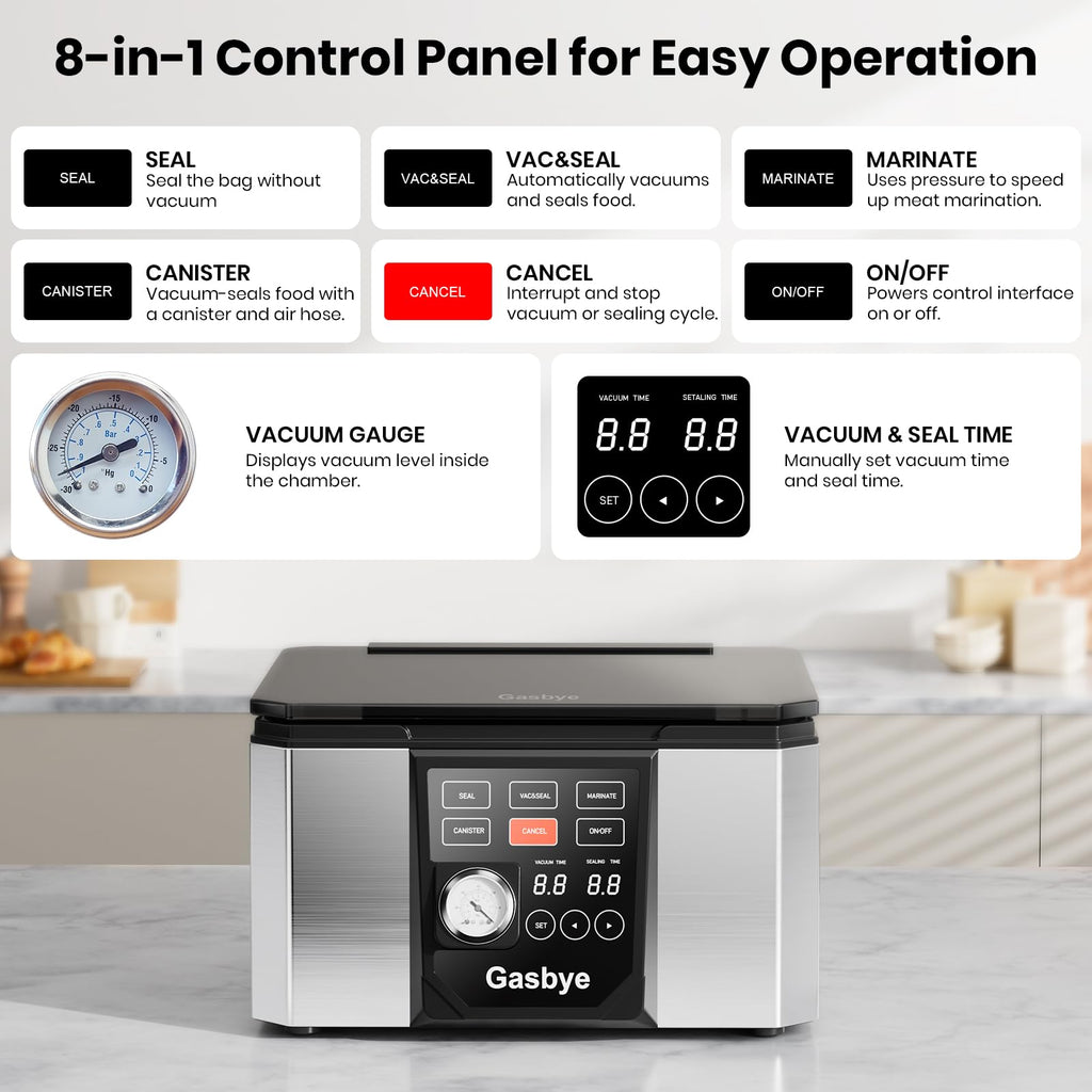Gasbye 95kPa Precision Vacuum Sealer Machine, Double Heat Seal for Dry/Moist Food, Easy-Lock Handle, Built-in Bag Storage & Cutter, Progress Display, Pulse Mode, Removable Drip Tray, Silver