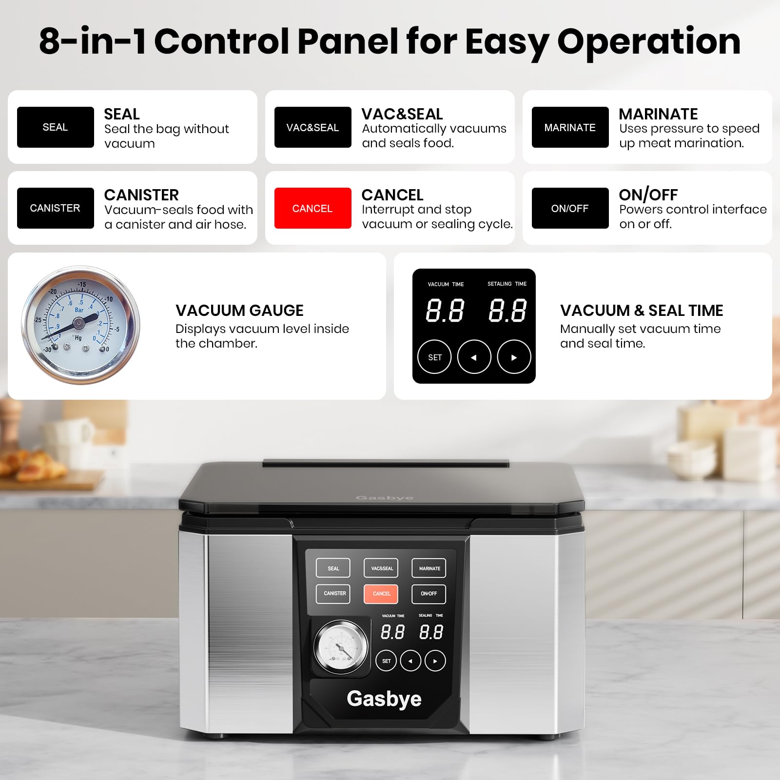 Gasbye 95kPa Precision Vacuum Sealer Machine, Double Heat Seal for Dry/Moist Food, Easy-Lock Handle, Built-in Bag Storage & Cutter, Progress Display, Pulse Mode, Removable Drip Tray, Silver