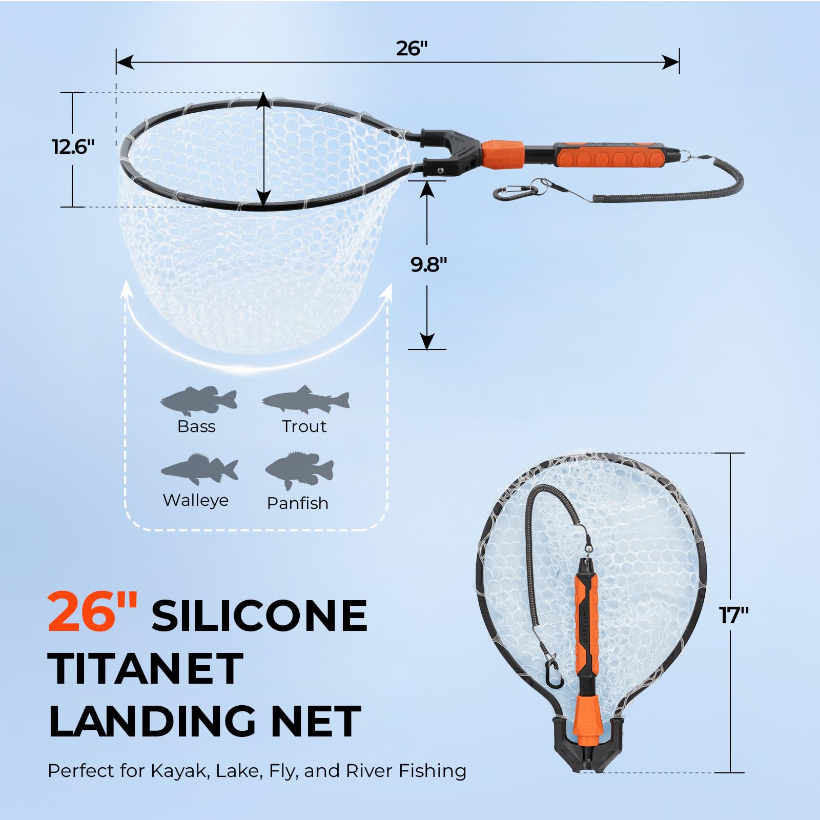 KastKing Titanet Fishing Net, Durable Aluminum Handle, Non-Slip Hi-Vis Grip, Compact Bag & Lanyard, Ideal for Kayak, Lake, Fly, or River Fishing, 2 Net Options