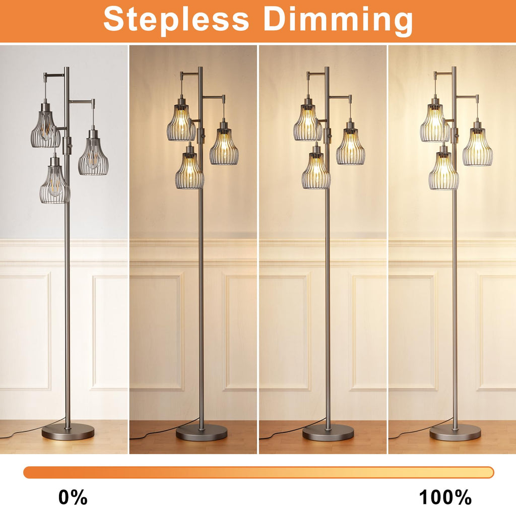 Ziisee Dimmable Floor Lamps for Living Room, Industrial Tree Standing Tall Lamps with 3 Elegant Cage Shade & 800 Lumens LED Bulbs for Bedroom Office - Brown