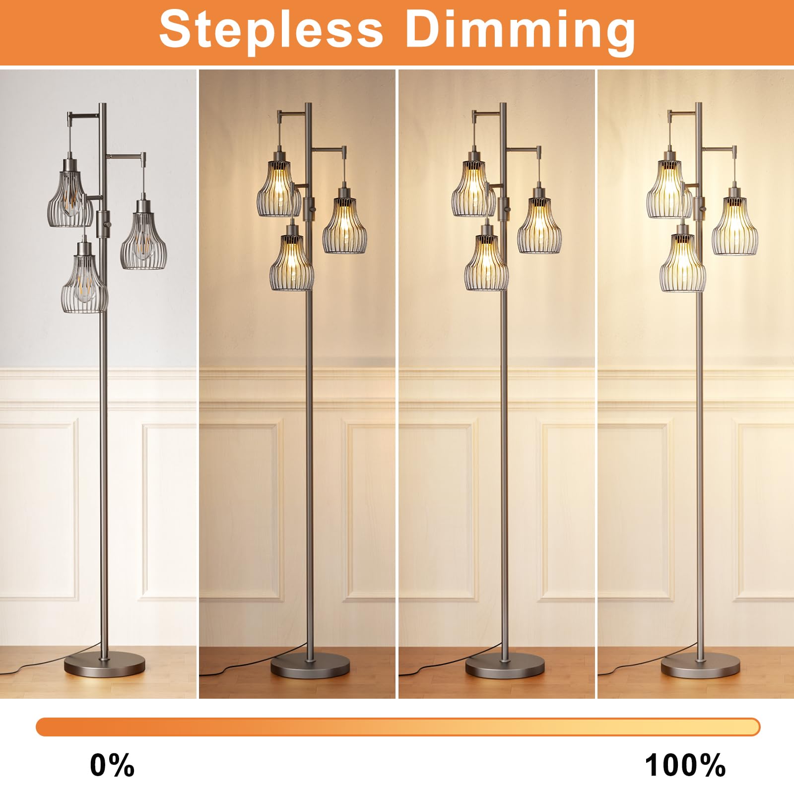 Ziisee Dimmable Floor Lamps for Living Room, Industrial Tree Standing Tall Lamps with 3 Elegant Cage Shade & 800 Lumens LED Bulbs for Bedroom Office - Brown