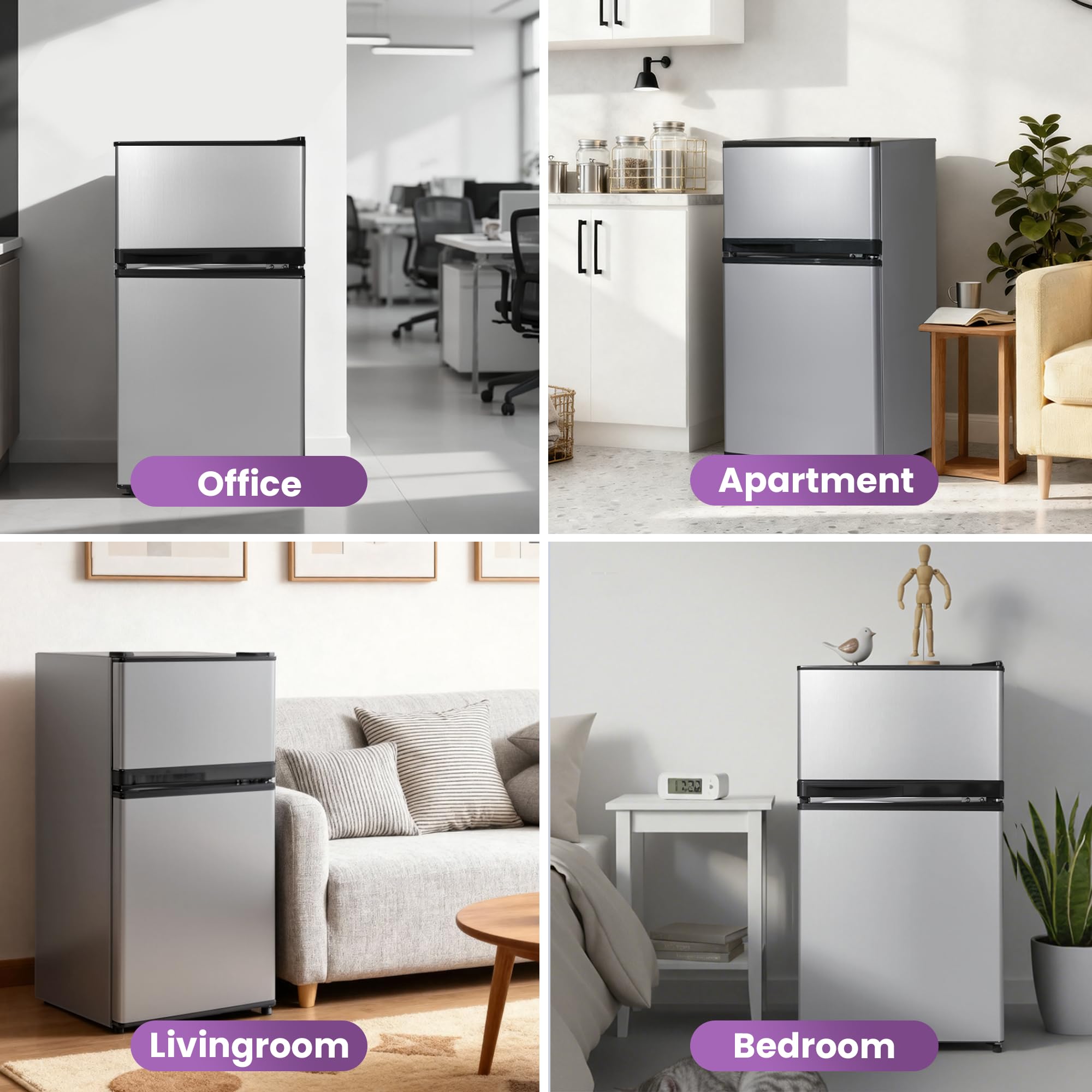 Tehanld 3.6 Cu.Ft Double Door Mini Fridge with Freezer, Compact Refrigerator with Removable Shelves, Low Noise Small Fridge for Dorm, Bedroom, Office and Apartment, Black